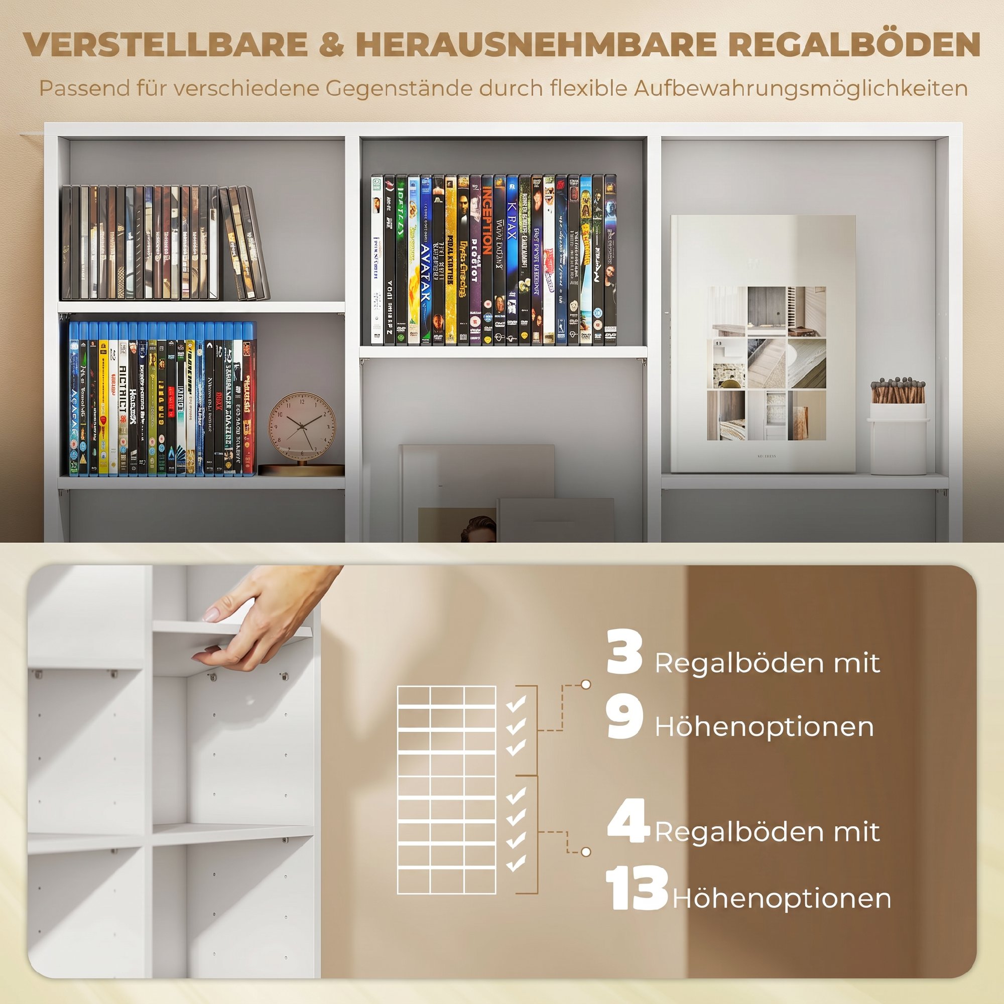 Regal für 835 CDs oder 500 DVDs, Blu-ray Medienregal mit 27 Fächern und 21 verstellbaren Einlegeböden, Weiß