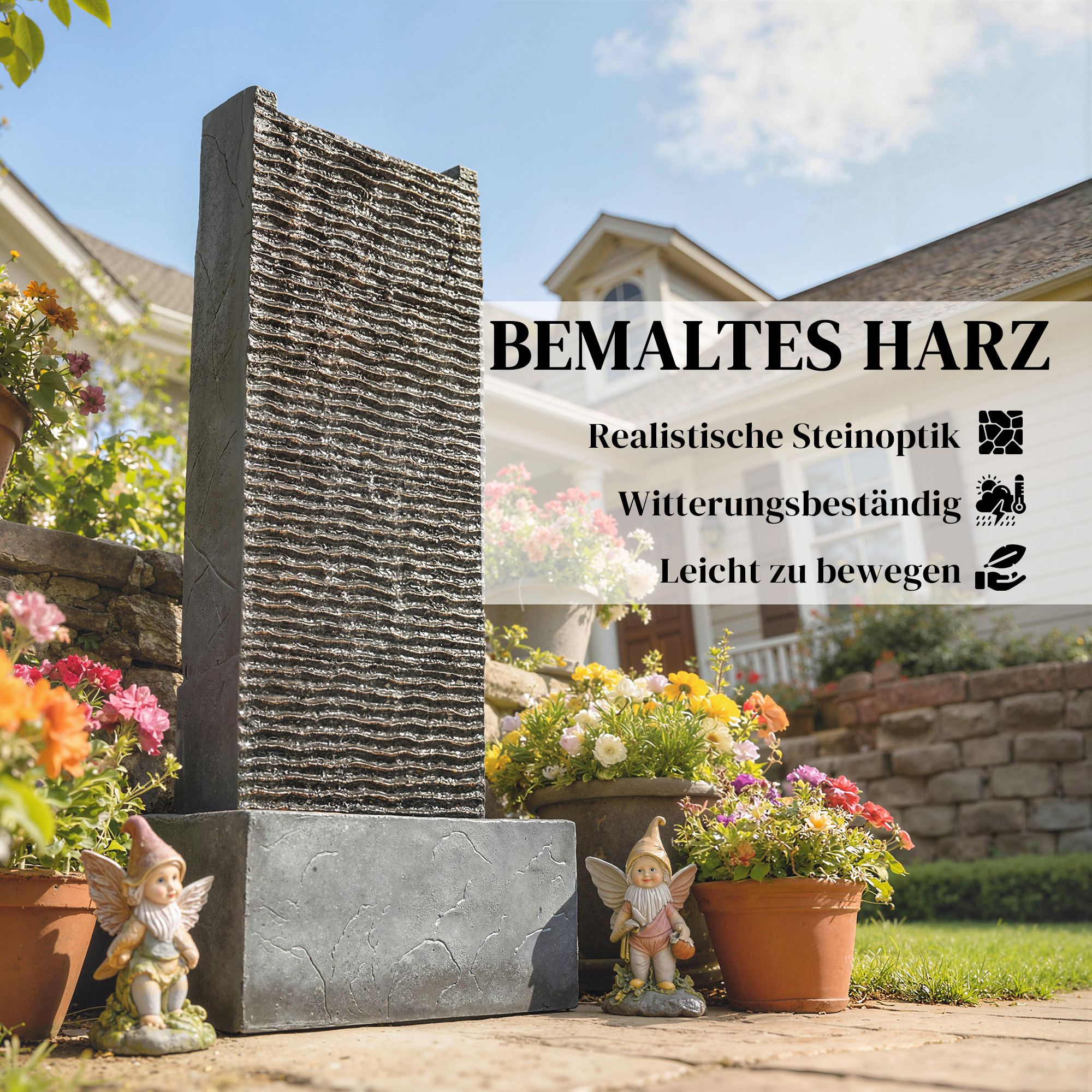 Springbrunnen 2-stufig Gartenbrunnen mit LED Beleuchtung Pumpe Granitoptik 37,5 x 22 x 80 cm