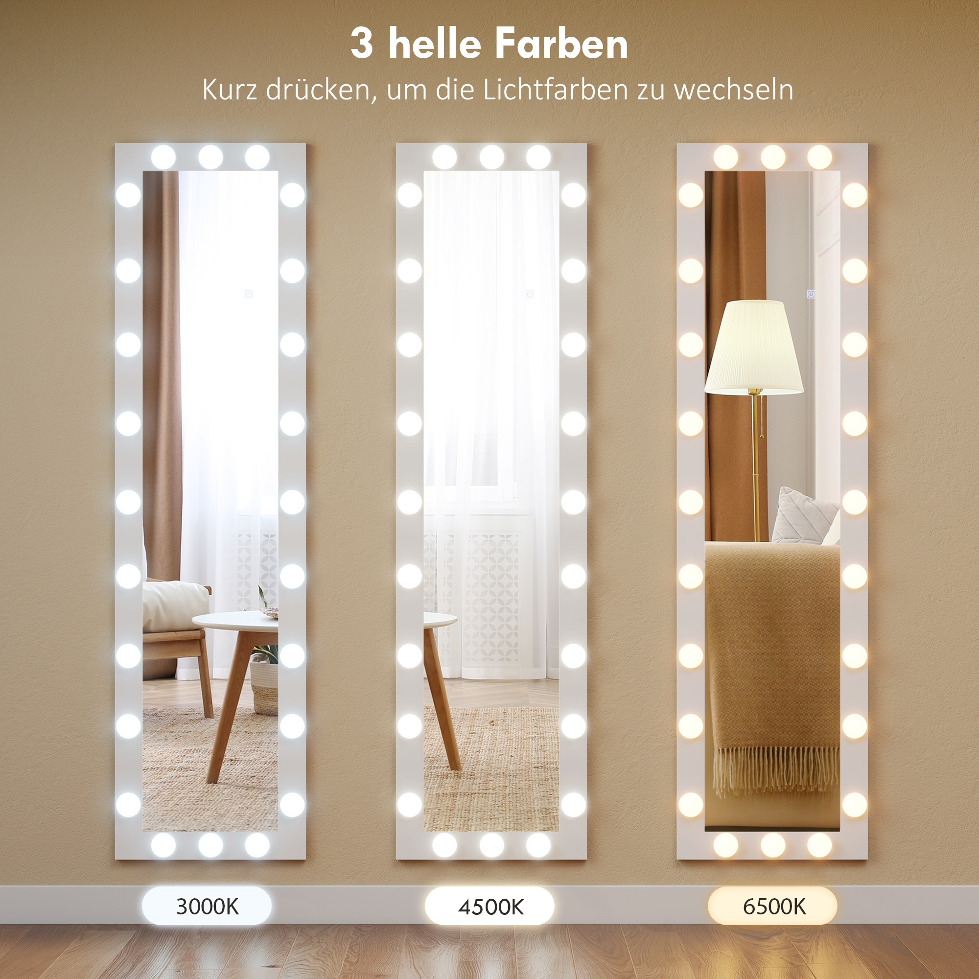 Ganzkörperspiegel 150x40 cm LED Spiegel mit 24 Glühbirnen 3 Lichtfarbe, freistehend oder anlehnbar Weiß