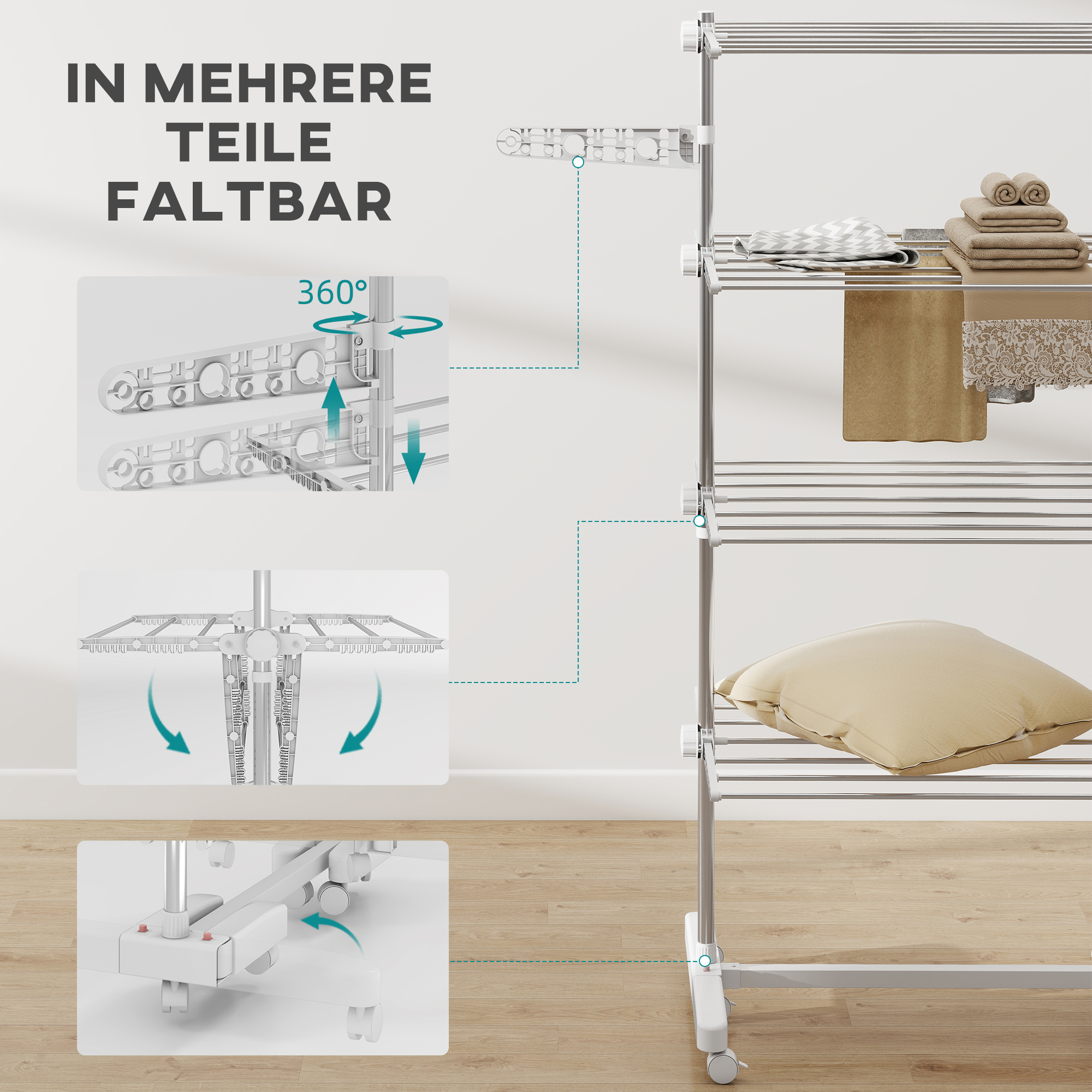 Mobiler Wäscheständer mit Rollen, 4 Ebenen, klappbar, Edelstahl, rostfrei, weiß+silber, 142 x 55 x 172 cm