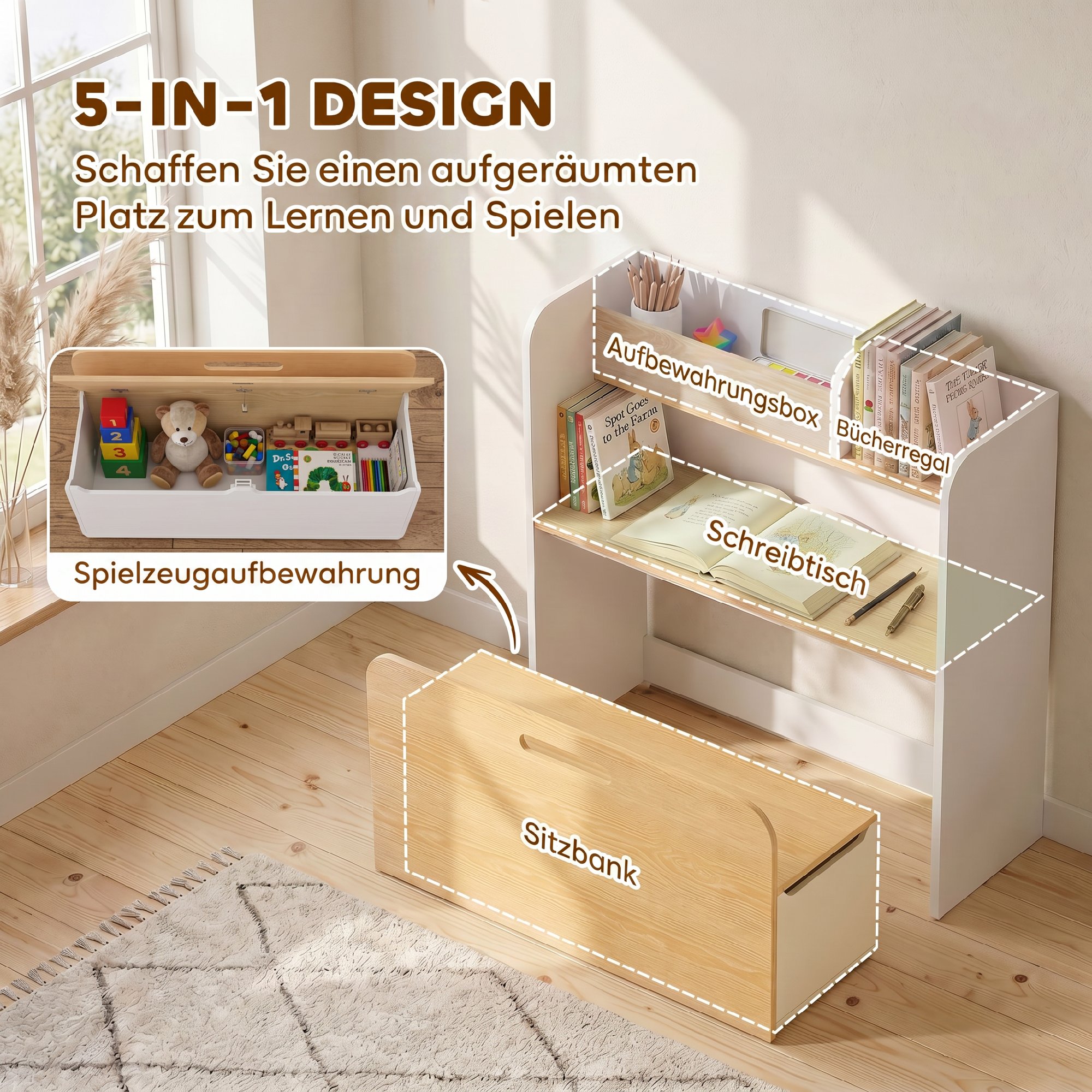 Kindertisch mit Sitzbank 5-in-1 Kindersitzgruppe mit Bücherregal, rollbar Kindertruhenbank mit Aufbewahrungsbox für 3-8