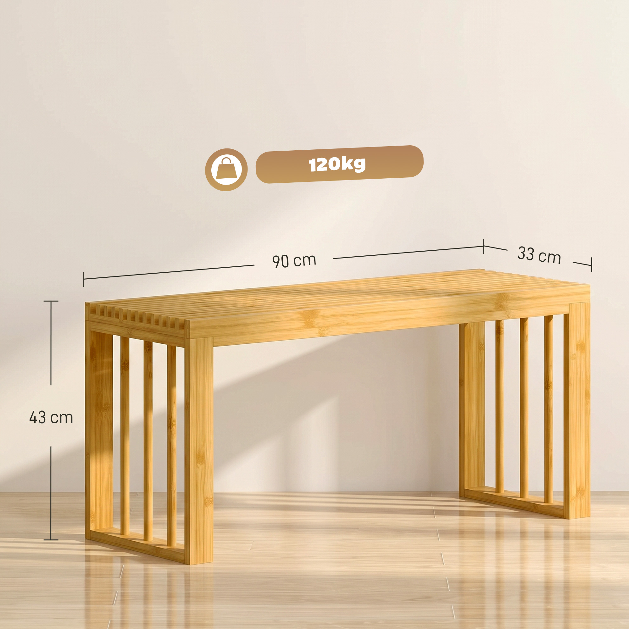 90 cm Bambus-Schuhbank, Flurbank ohne Rückenlehne, Sitzbank für Eingangsbereich, Natur