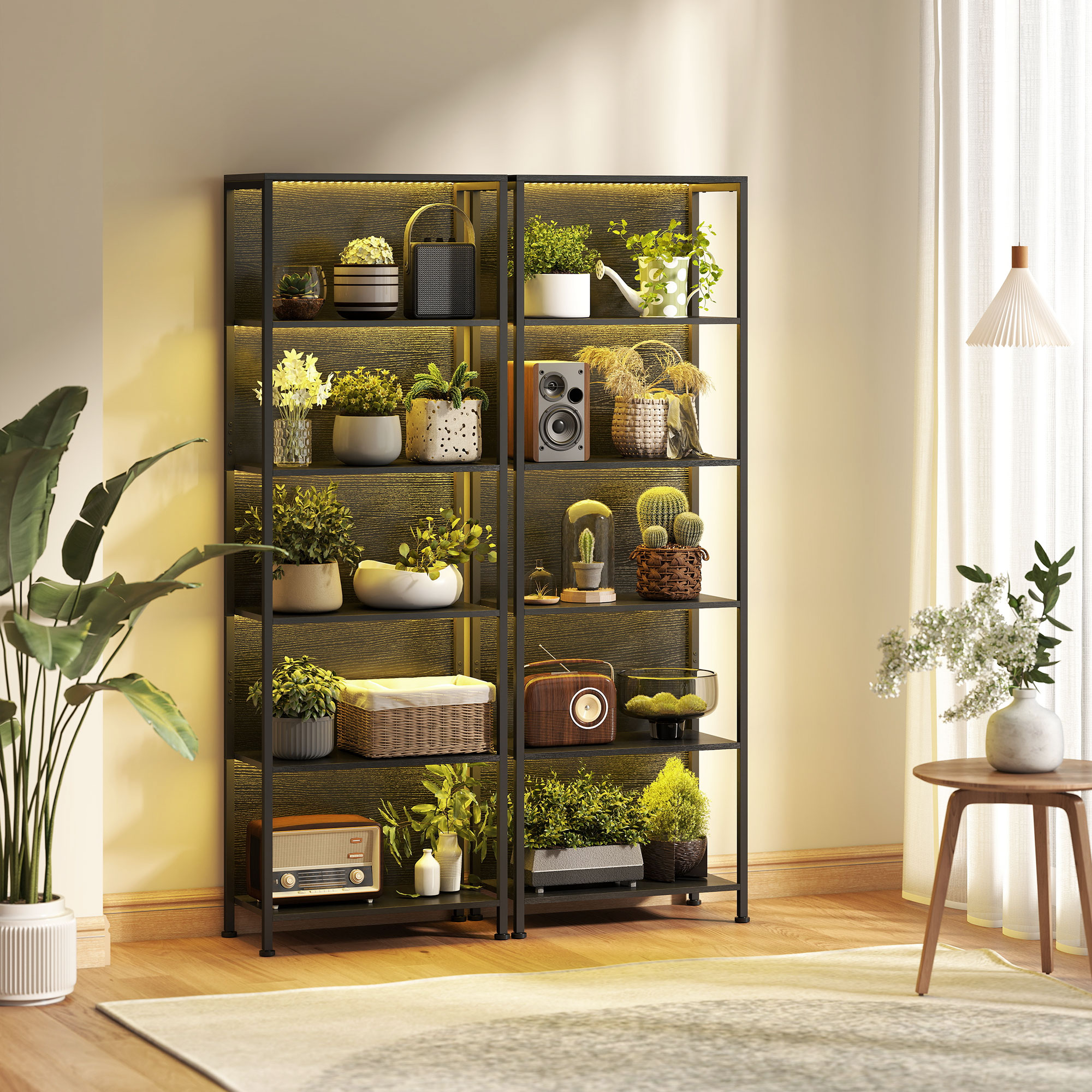 Bücherregal mit 5 Ebenen Standregal mit LED-Beleuchtung, 7 Lichtfarben, für Wohnzimmer, 60 x 30 x 179 cm Schwarz