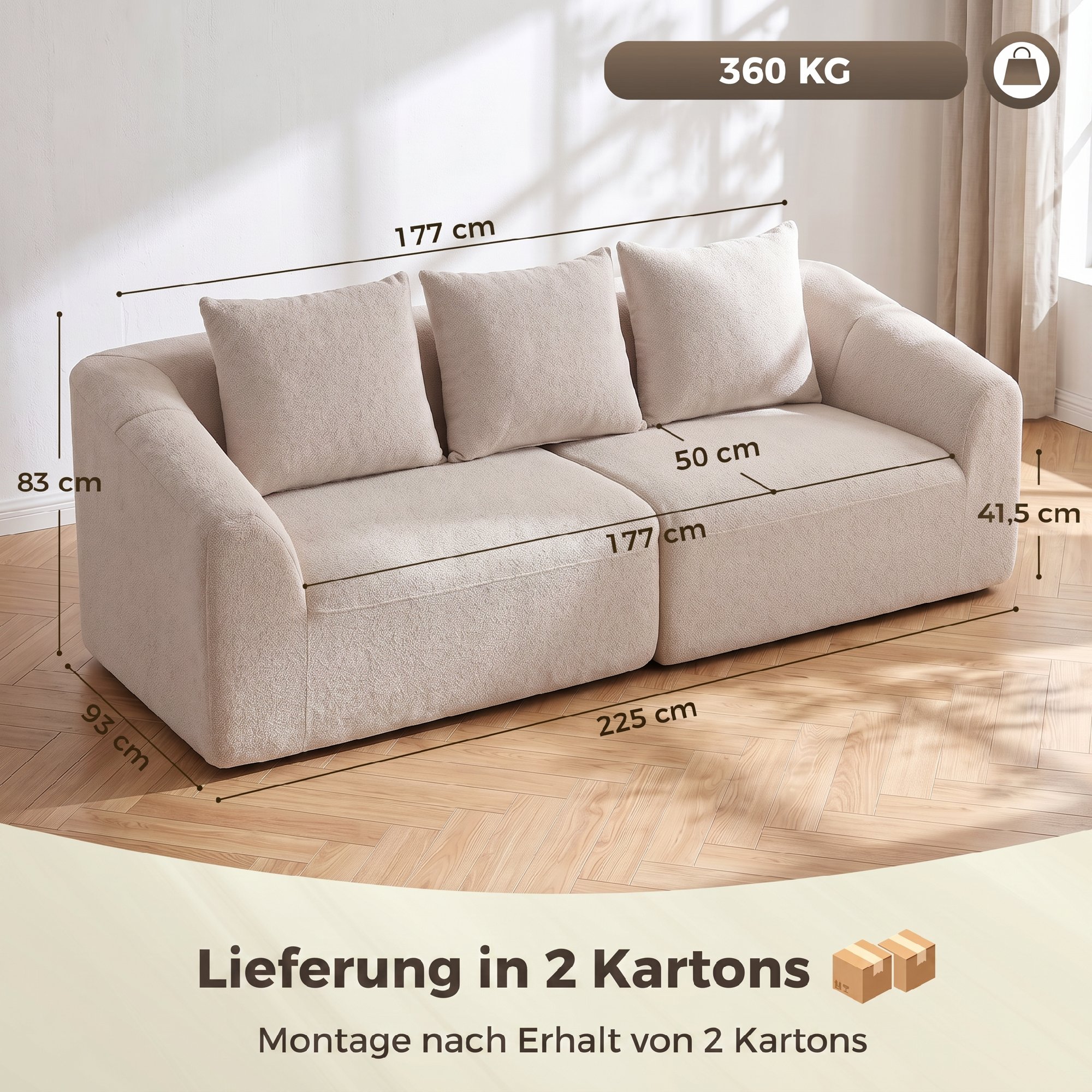 3-Sitzer Sofa, Chenille Cloud Couch ohne Rahmen, dicke Federkernpolsterung, extra breite Sitzfläche, 3 Kissen, Beige