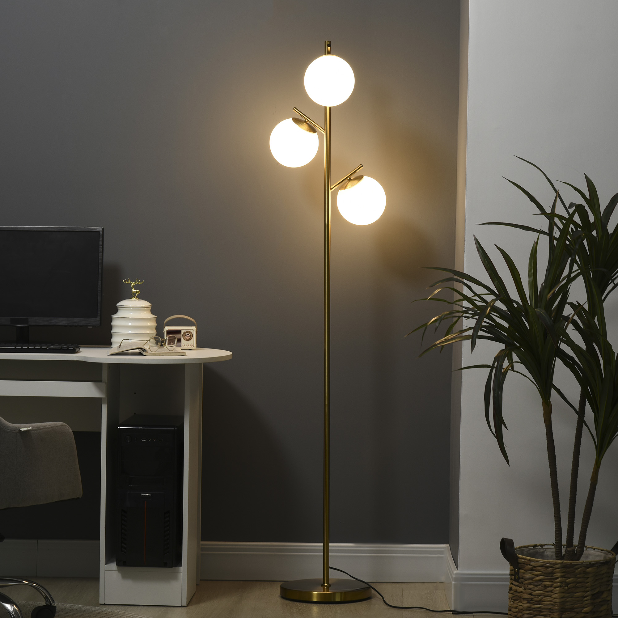 Stehleuchte im Retro-Design, Stehlampe, Stehlampe mit 3 Lampenschirmen, Glas, Gold