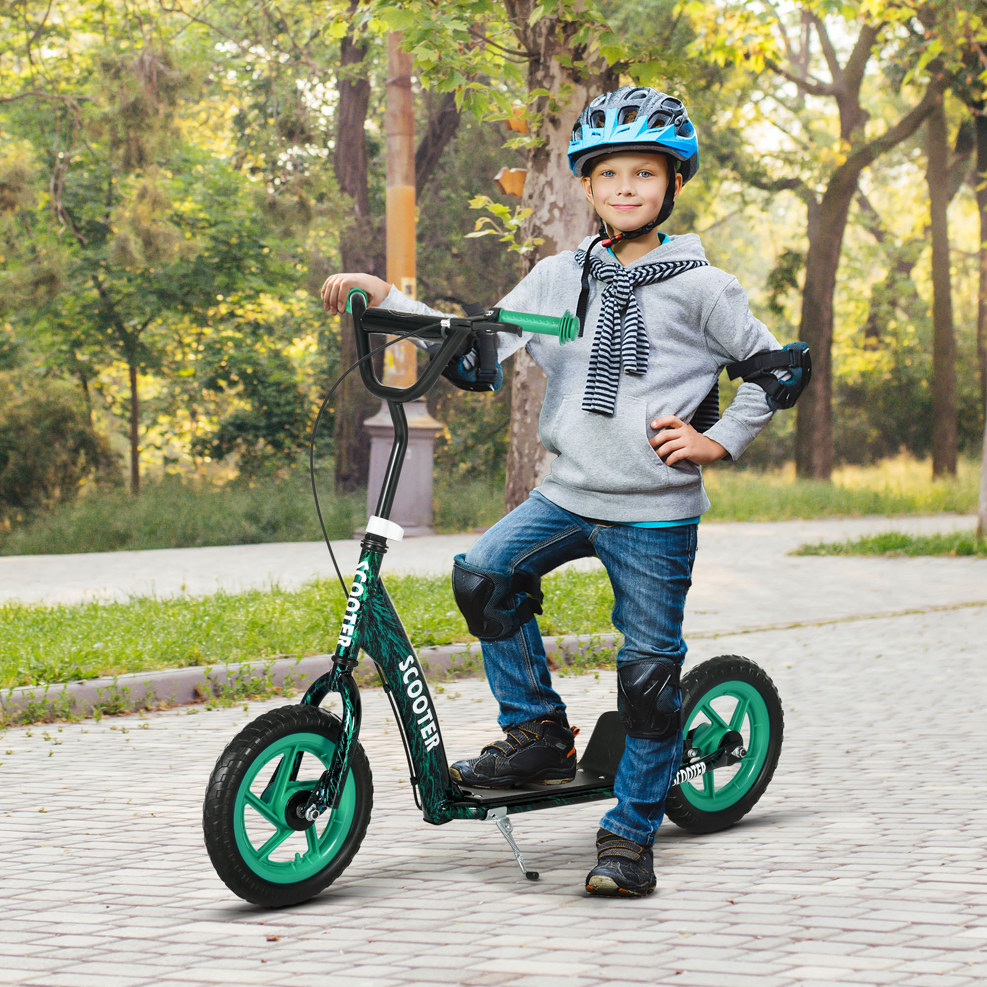 Kinderroller, höhenverstellbarer Tretroller für Kinder, mit Bremse, Ständer, 2 Räder, Stahl, Grün