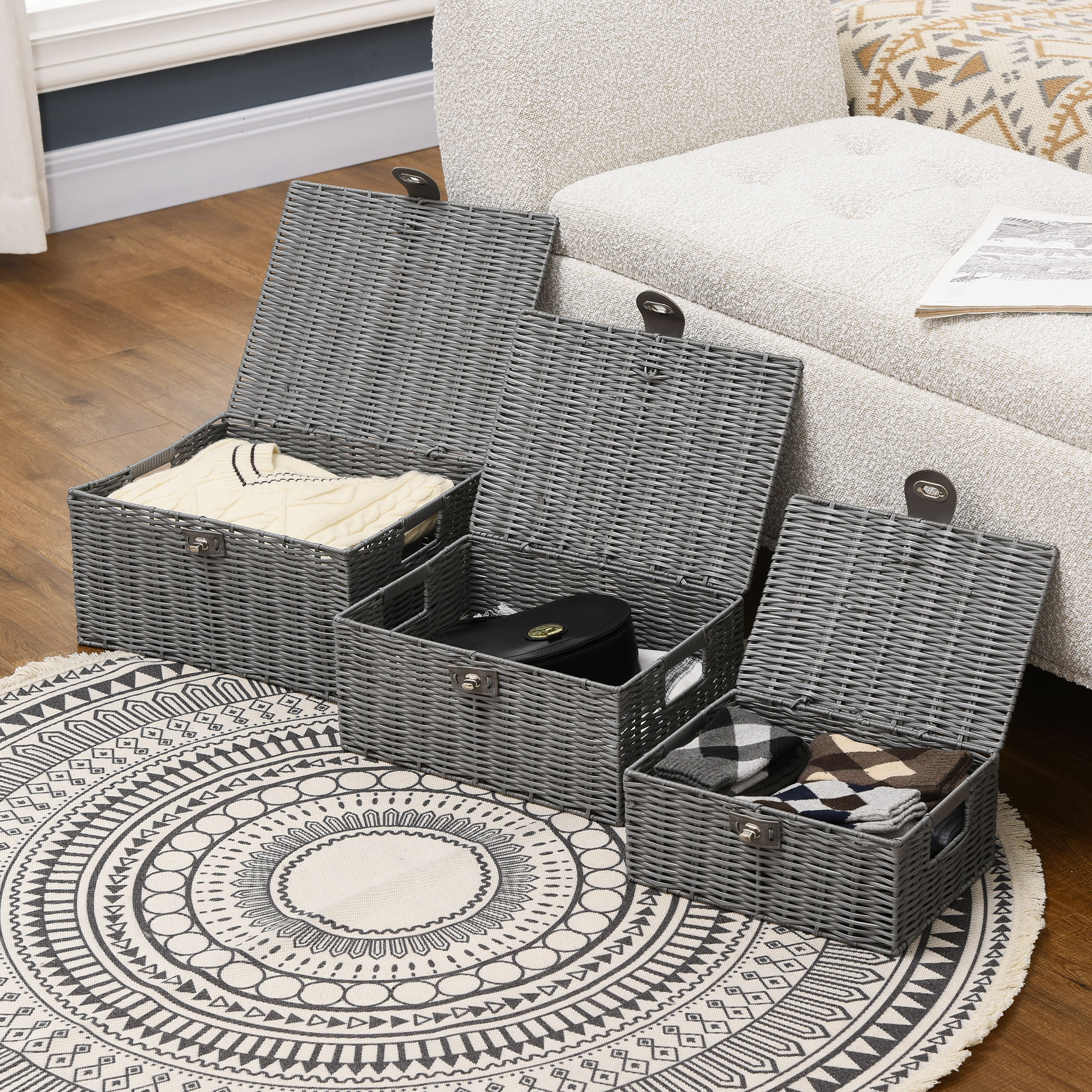 3er-Set Aufbewahrungskörbe aus PE- Rattan, mit Verschluss, Tragegriffen, 35,5 cm x 28,5 cm x 18 cm, Grau