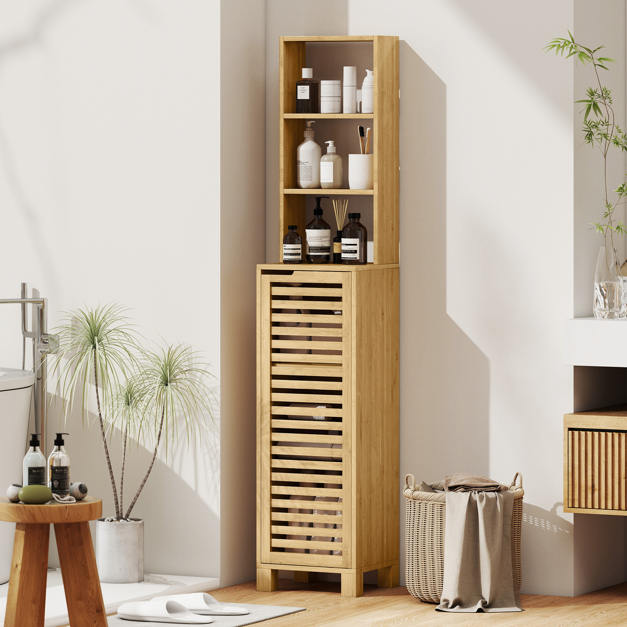 Badezimmerschrank schmal, Hochschrank mit 3 offenen Regalen, verstellbaren Regalen, Lamellentür, 34 x 30 x 170 cm Natur