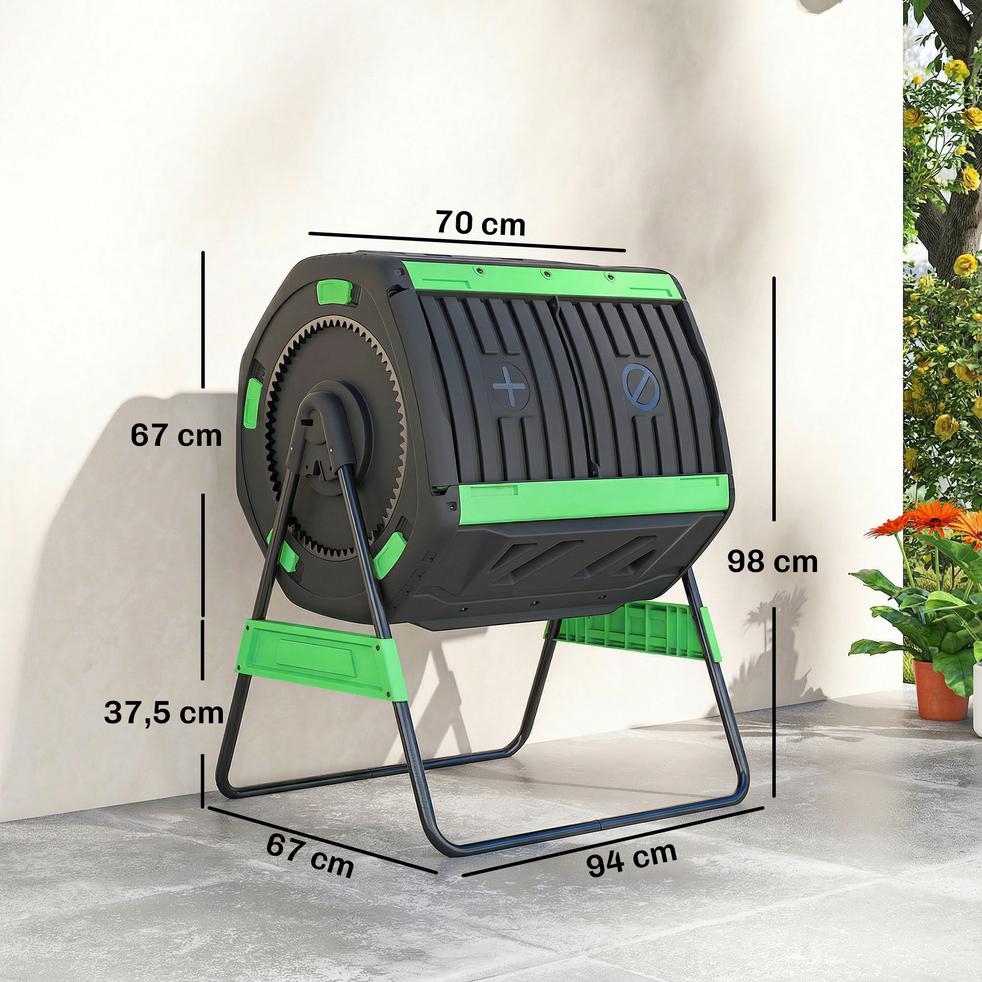 Kompostbehälter, 200L Dualkammer-Komposter mit verstellbaren Lüftungsschlitzen, BPA-frei, Grün