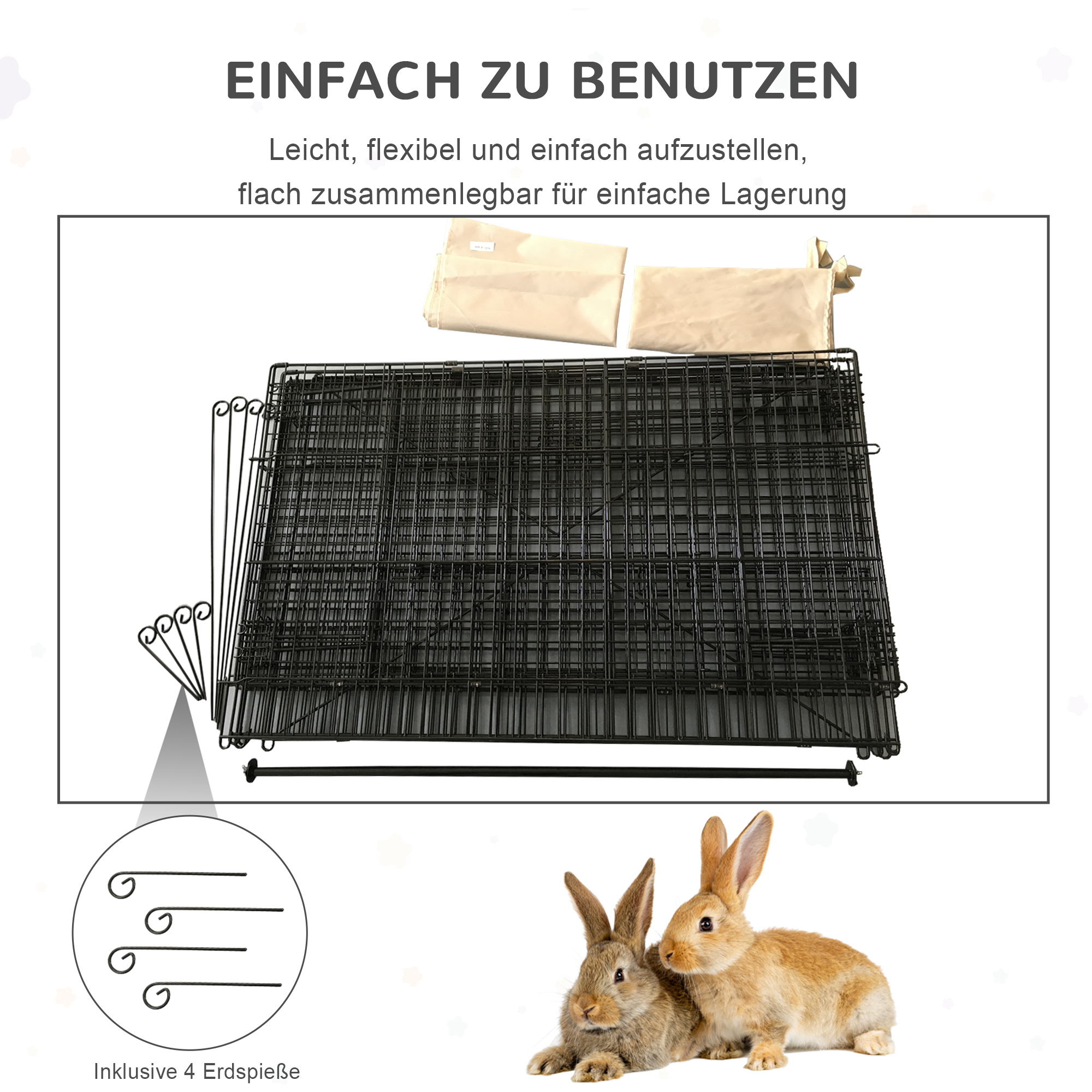 Laufgitter für Kleintiere, Außengehege, 4 Bodenspieße, 220 cm x 103 cm x 103 cm, Schwarz + Beige