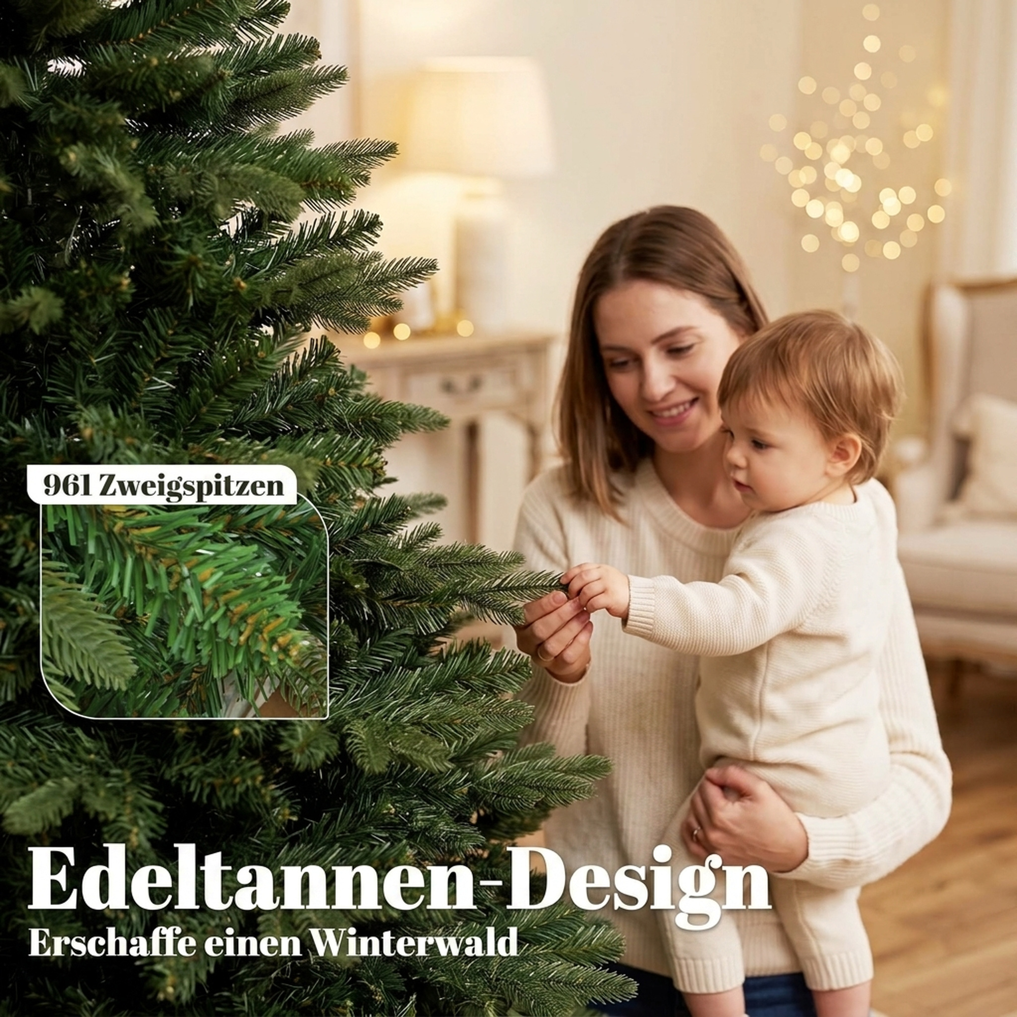 künstlicher Weihnachtsbaum 180 cm, Edeltanne, voll mit Klappästen, 961 Spitzen, faltbarer Holzständer, Grün