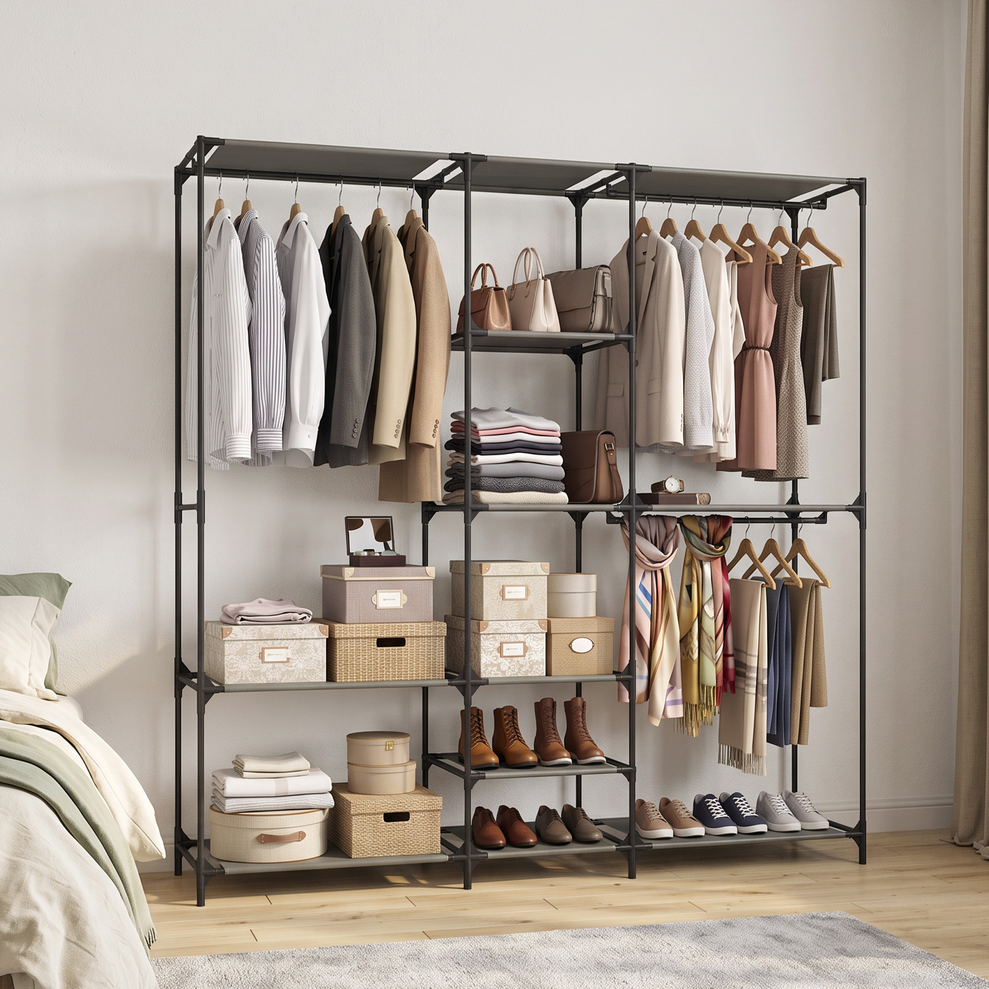 Textil-Kleiderschrank, tragbar, werkzeuglos, mit 3 Kleiderstangen und 5 Ablagen, 182 x 43 x 182 cm, Schwarz