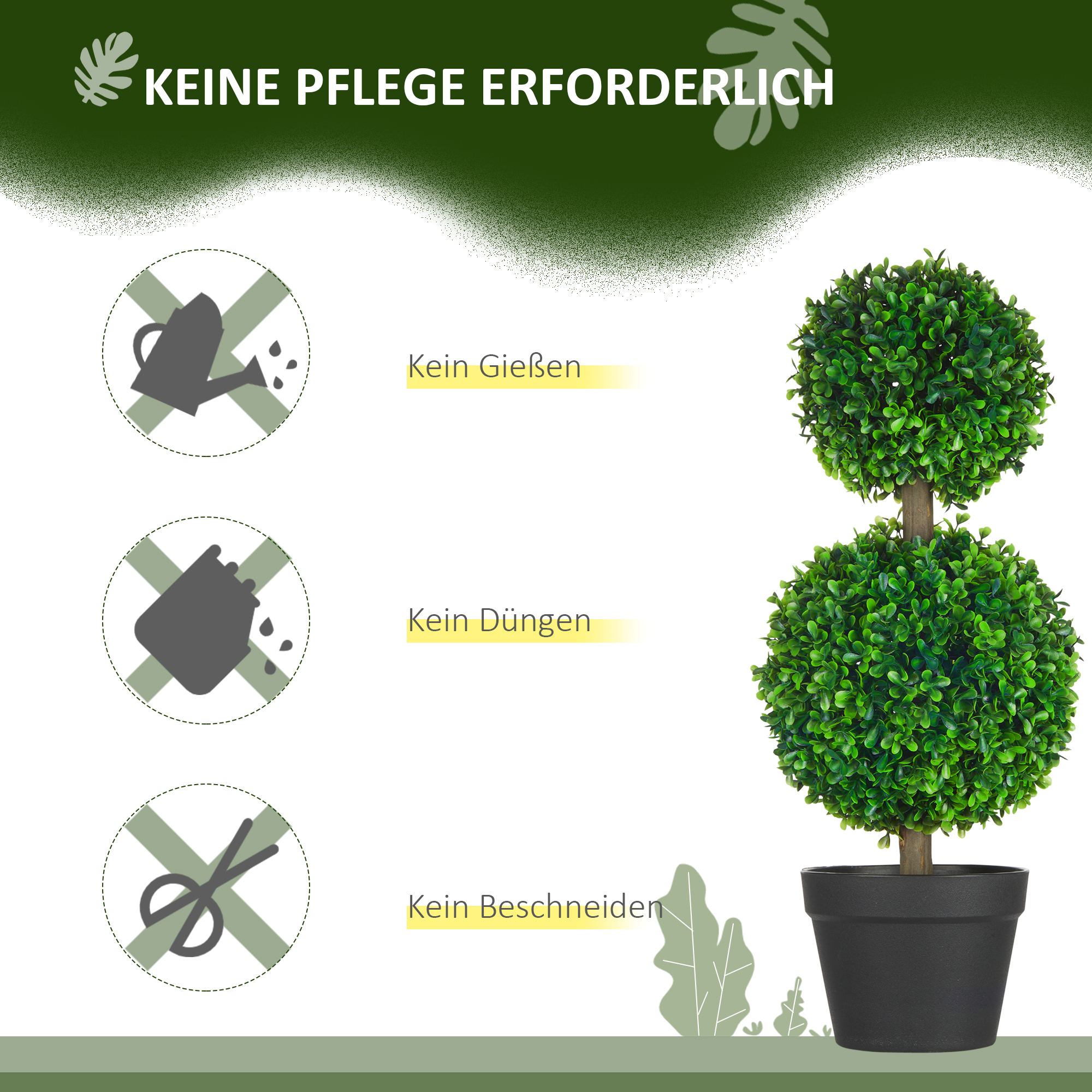 2er-Set Künstlicher Buchsbaum, 2 Buchsbäume, Outdoor, 17 cm x 17 cm x 60 cm, Grün + Braun+ Schwarz