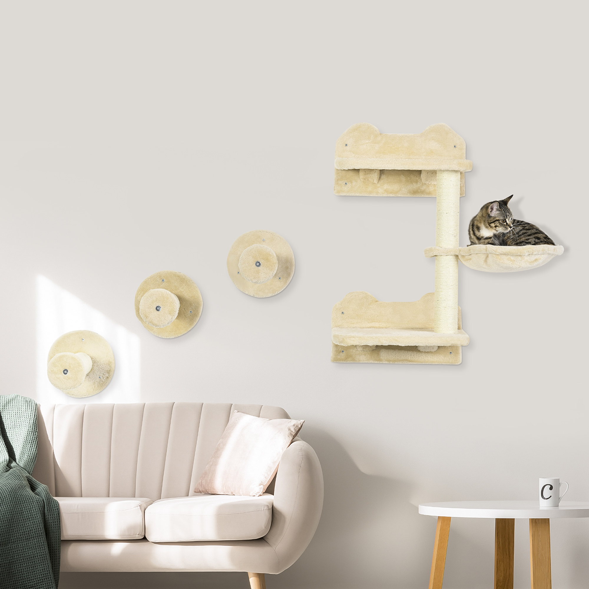 Kletterstufen, Kletterwand, Katzentreppe, 4-tlg. Set, mit Kratzbaum, Hängematte, beige+cremeweiß, 40 x 28 x 73cm