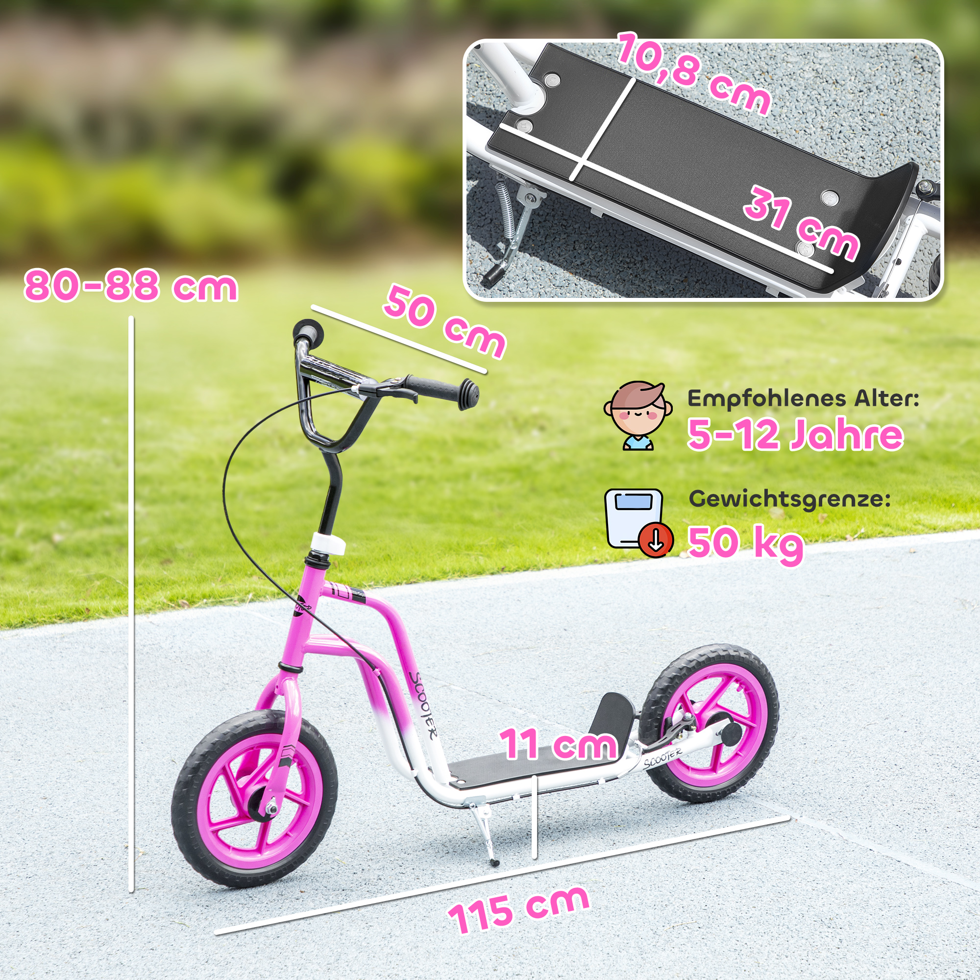 Kinderroller mit verstellbarem Lenker, große Räder, Parkständer, Handbremse, für Kinder im Alter von 5-12 Jahren, Rosa