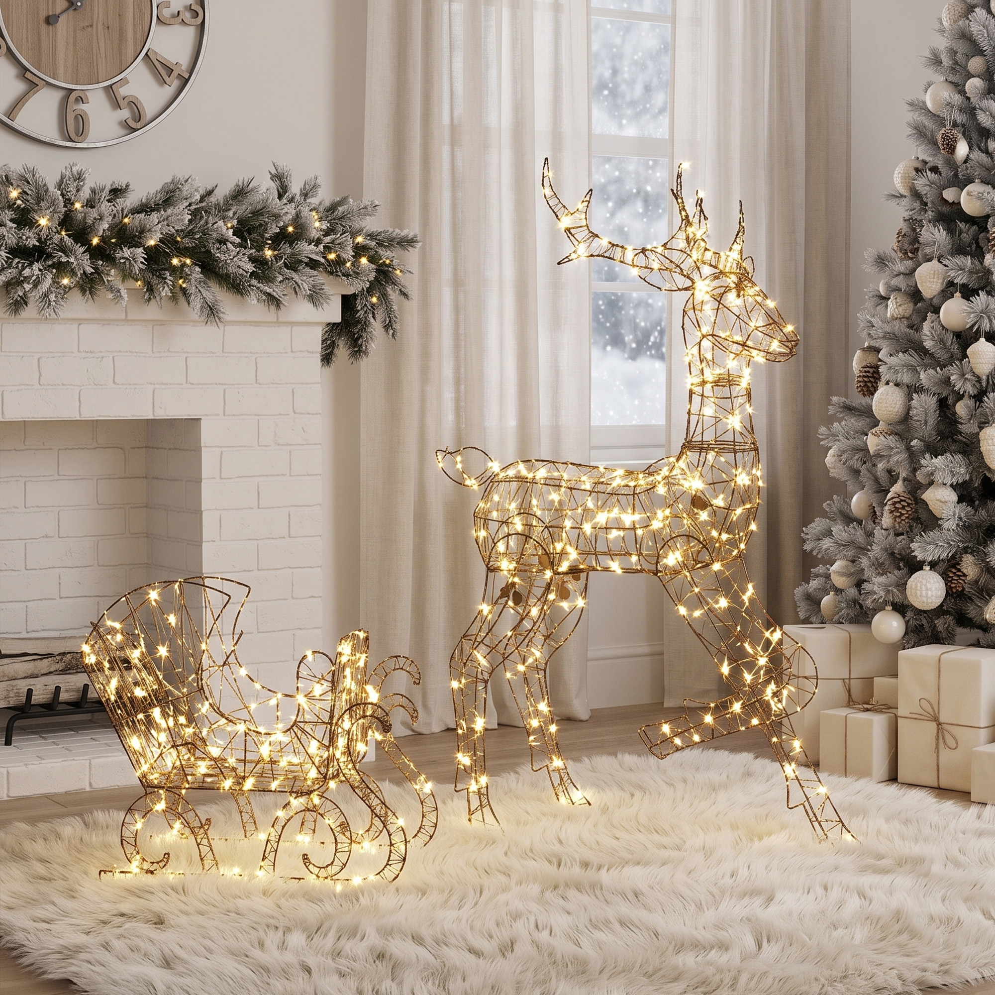 beleuchtetes Rentier- und Schlitten-Set, 2-teilige Weihnachtsdeko aus Polyrattan für außen, mit LEDs, 8 Modi, Timer