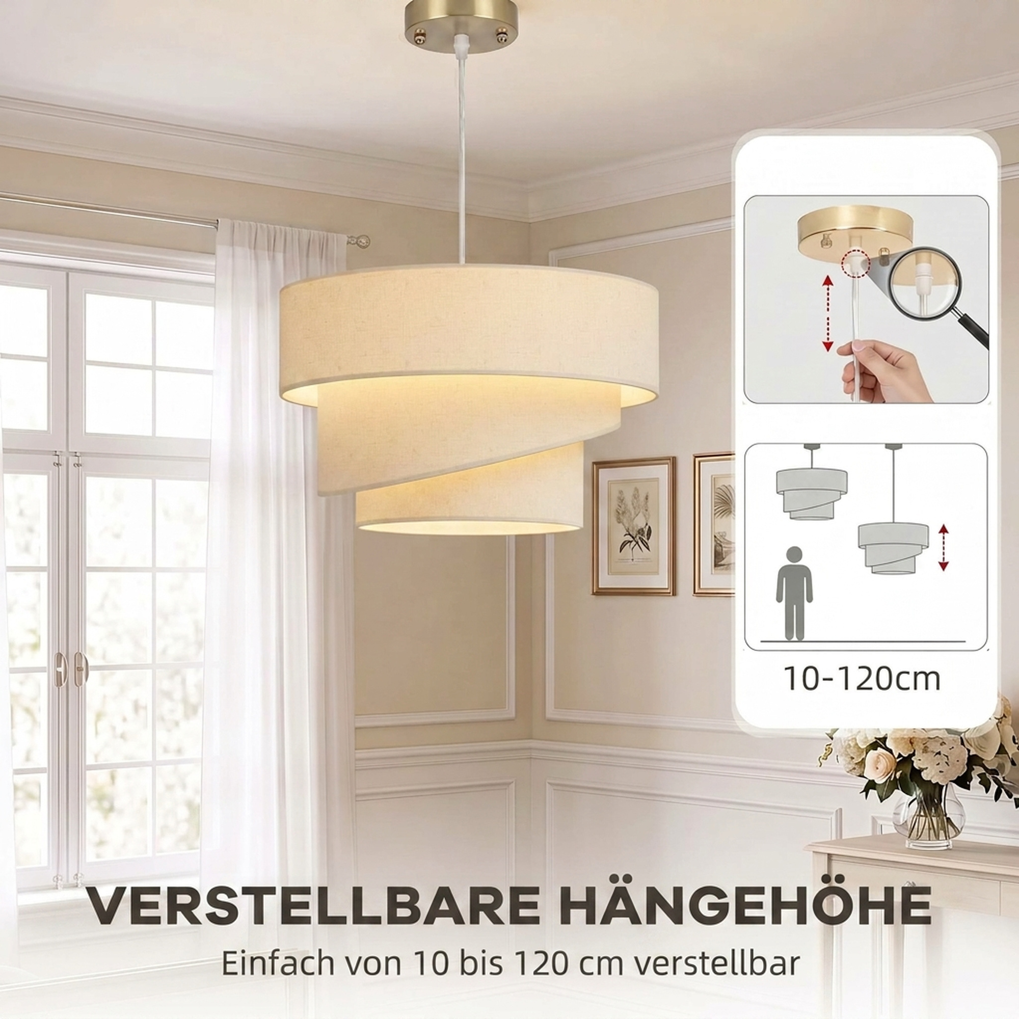 Pendelleuchte mit 3 Leinenschirmen, moderne Deckenlampe höhenverstellbar, Beige, Leuchtmittel nicht enthalten