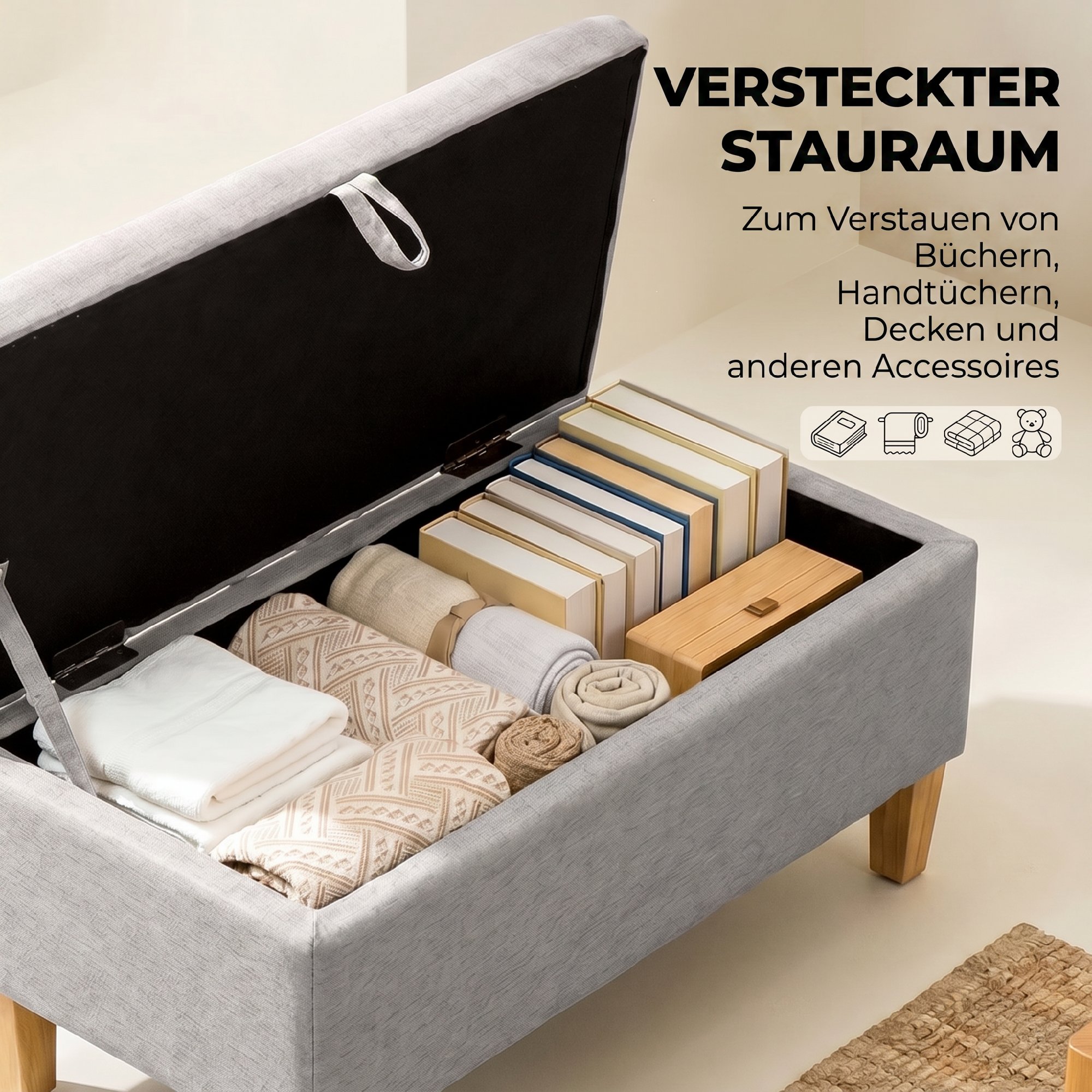 Sitzbank mit Stauraum aus Leinenoptik, gepolsterter Fußhocker mit Gummibaumholzbeinen, Staubox, Hellgrau