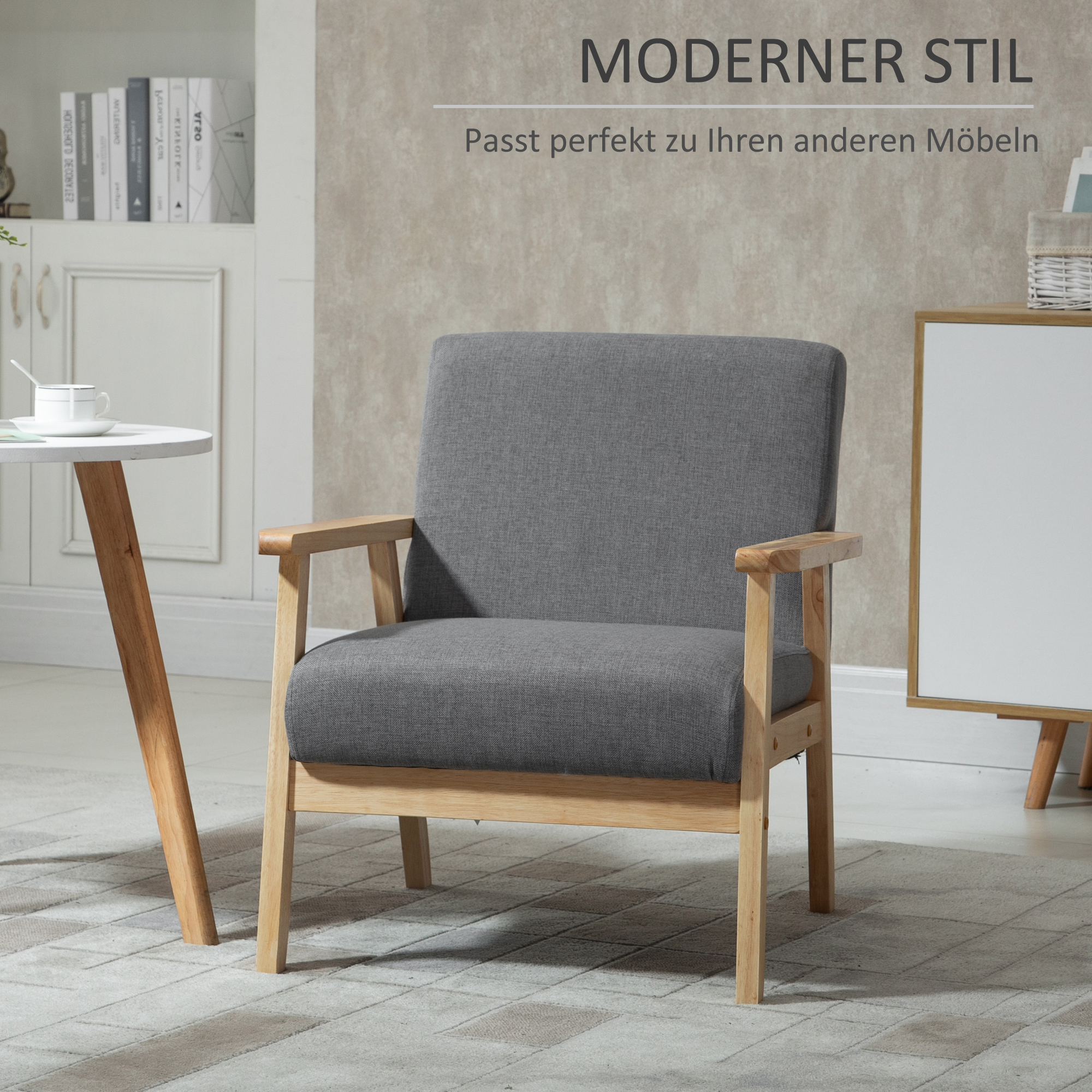Sessel im Skandi-Design, Akzentsessel, Massivholz, Leinenoptik, 64 cm x 70 cm x 72 cm, Grau + Natur
