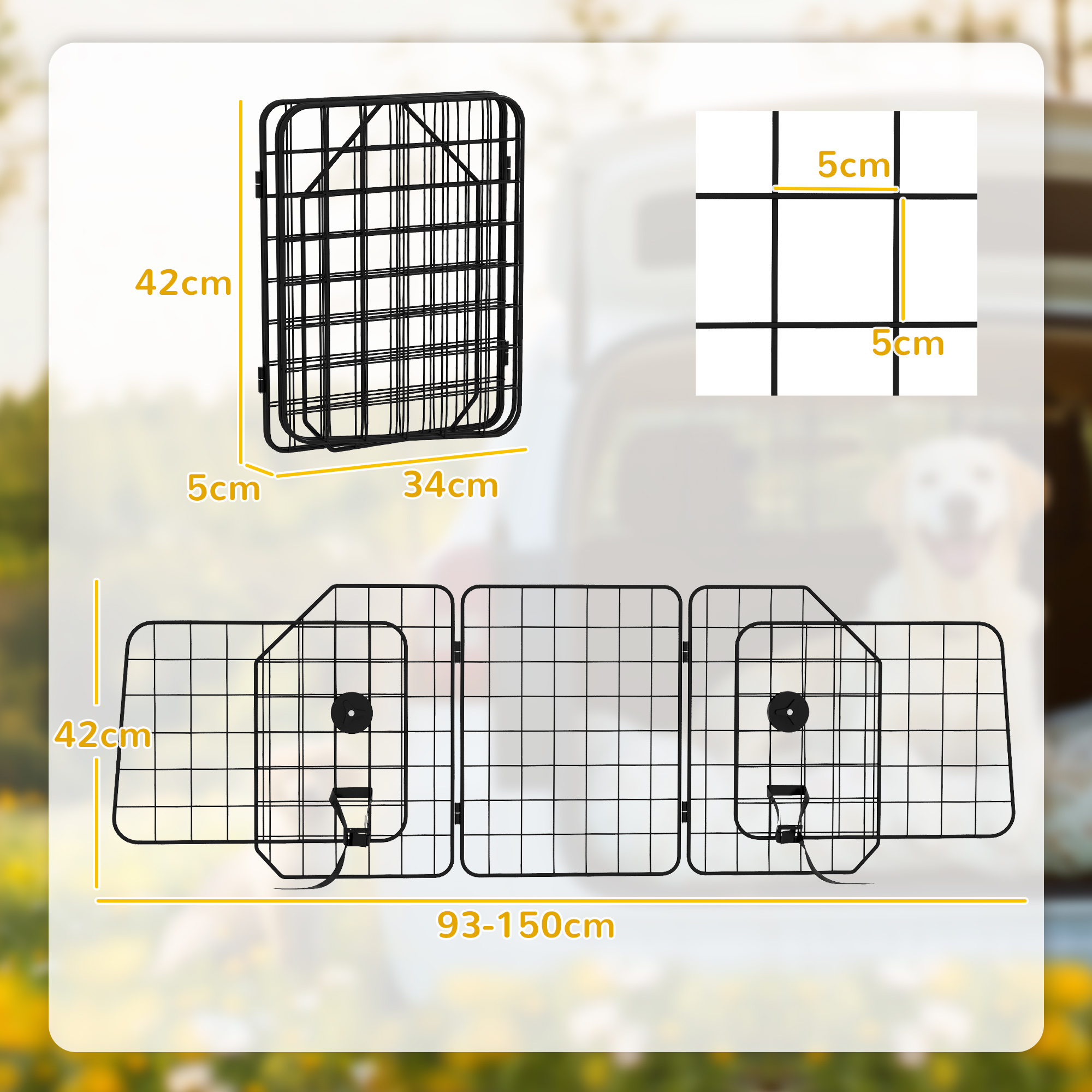 Autogitter für Hunde, verstellbar 93-150cm, klappbar, einfache Montage, Stahl, Schwarz