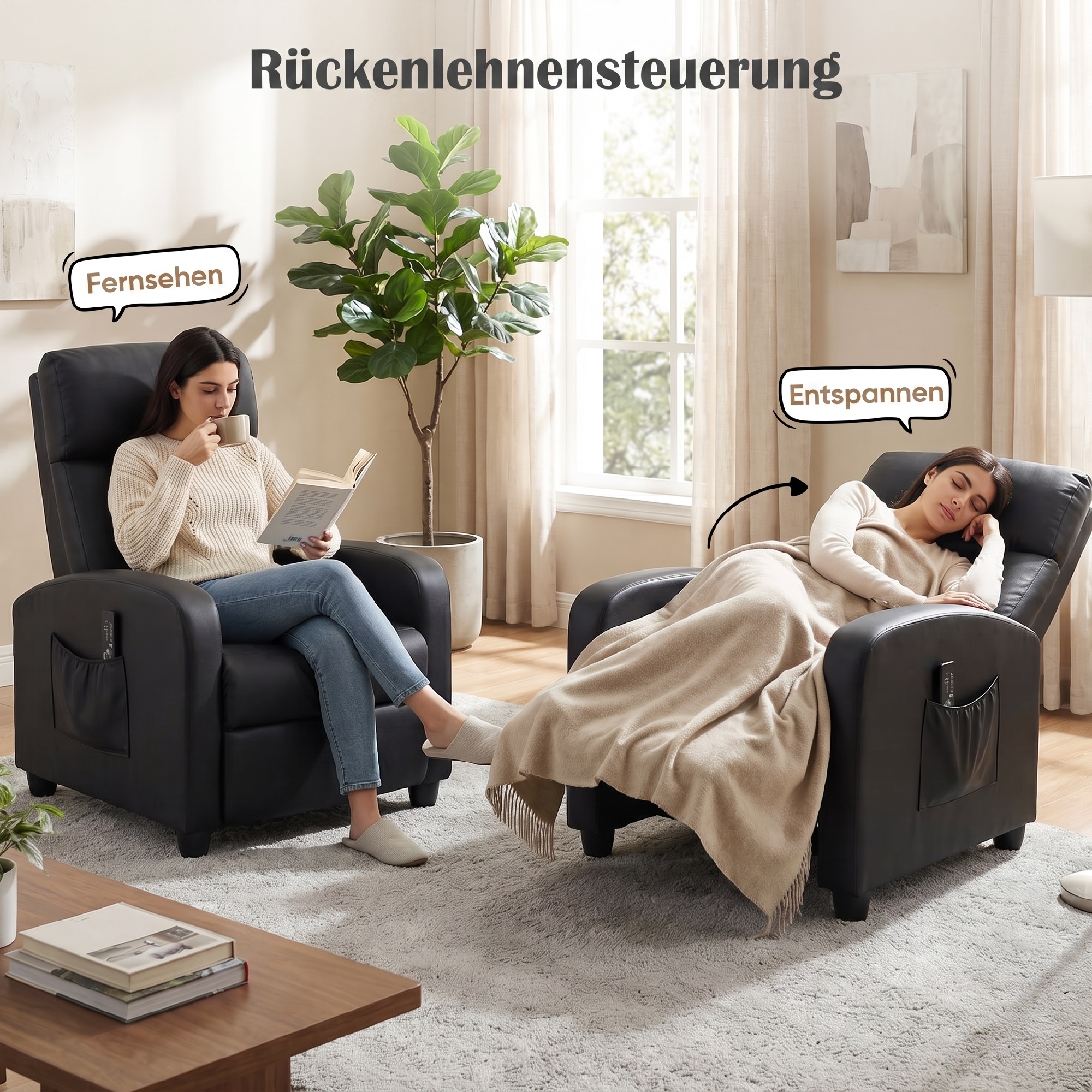 Relaxsessel Fernsehsessel mit Vibrationsmassage, Liegefunktion, 2 Massagepunkte, Fernbedienung, 68 x 88 x 98 cm Schwarz