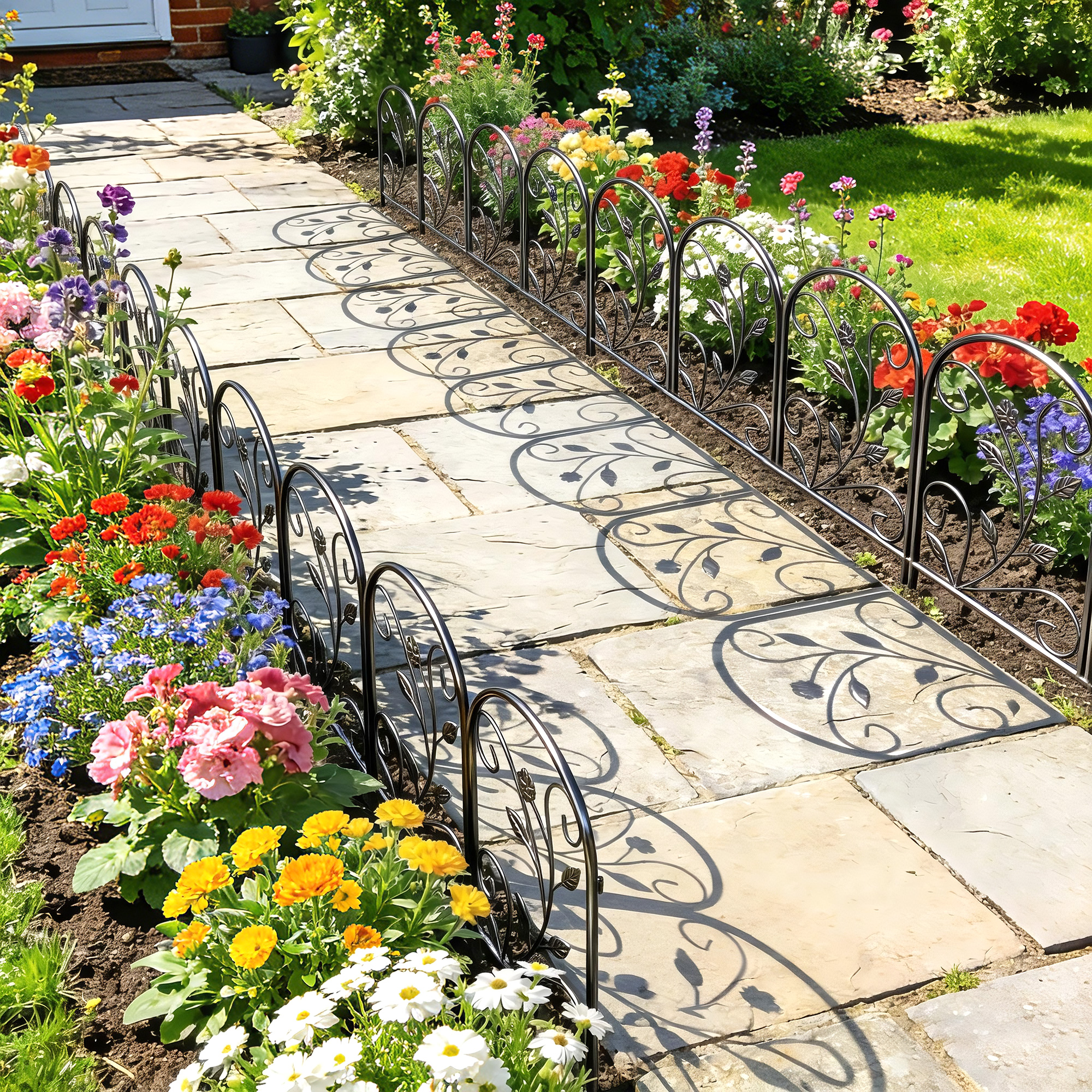 Gartenzaun Zaun aus Metall 80 x 60 cm Dekorativer Gitterzaun Set mit Fuß für Garten Blumenbeete Tierbarriere Schwarz