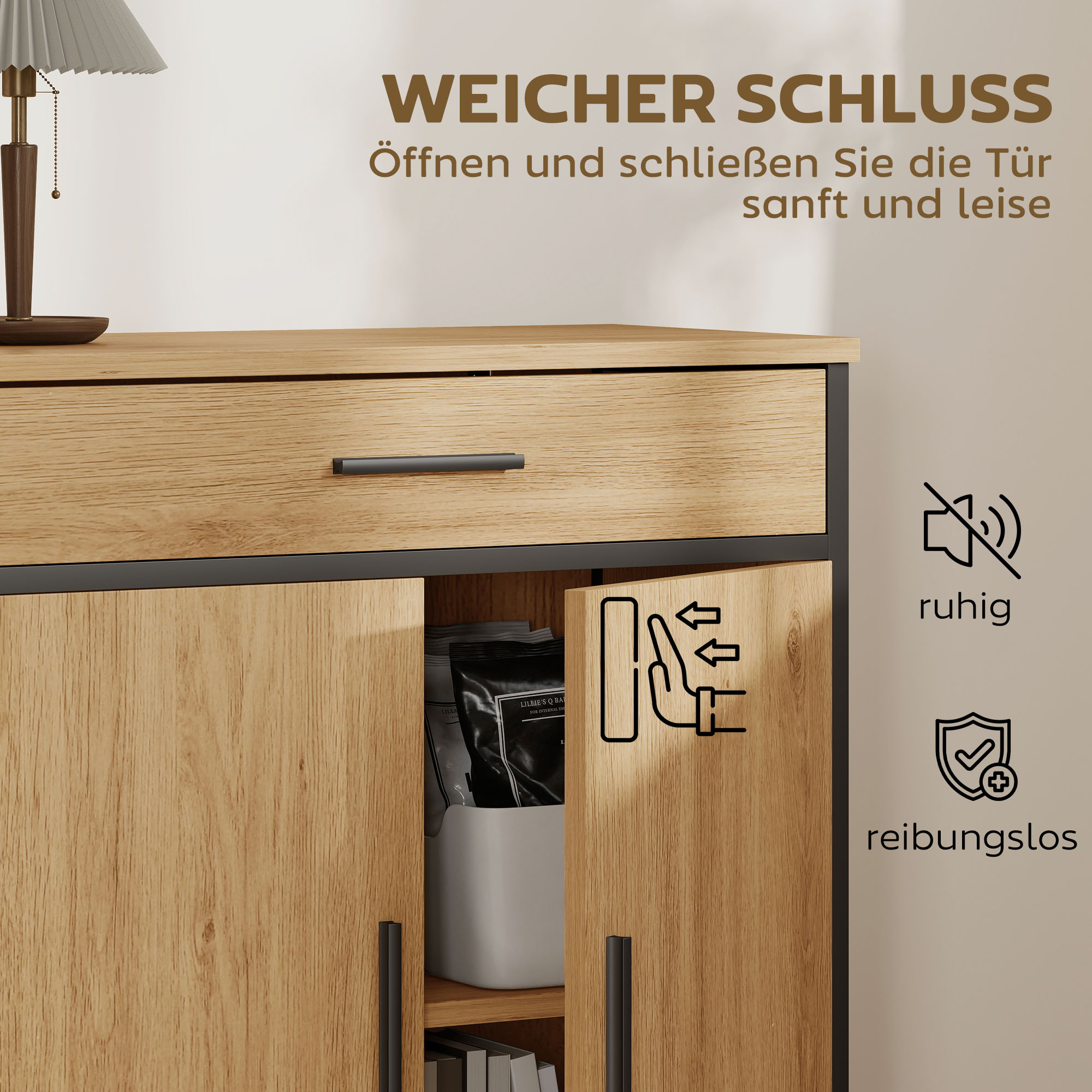 Badezimmerschrank, zweistufige Regale, große Schublade, Industriestil, Eichenoptik