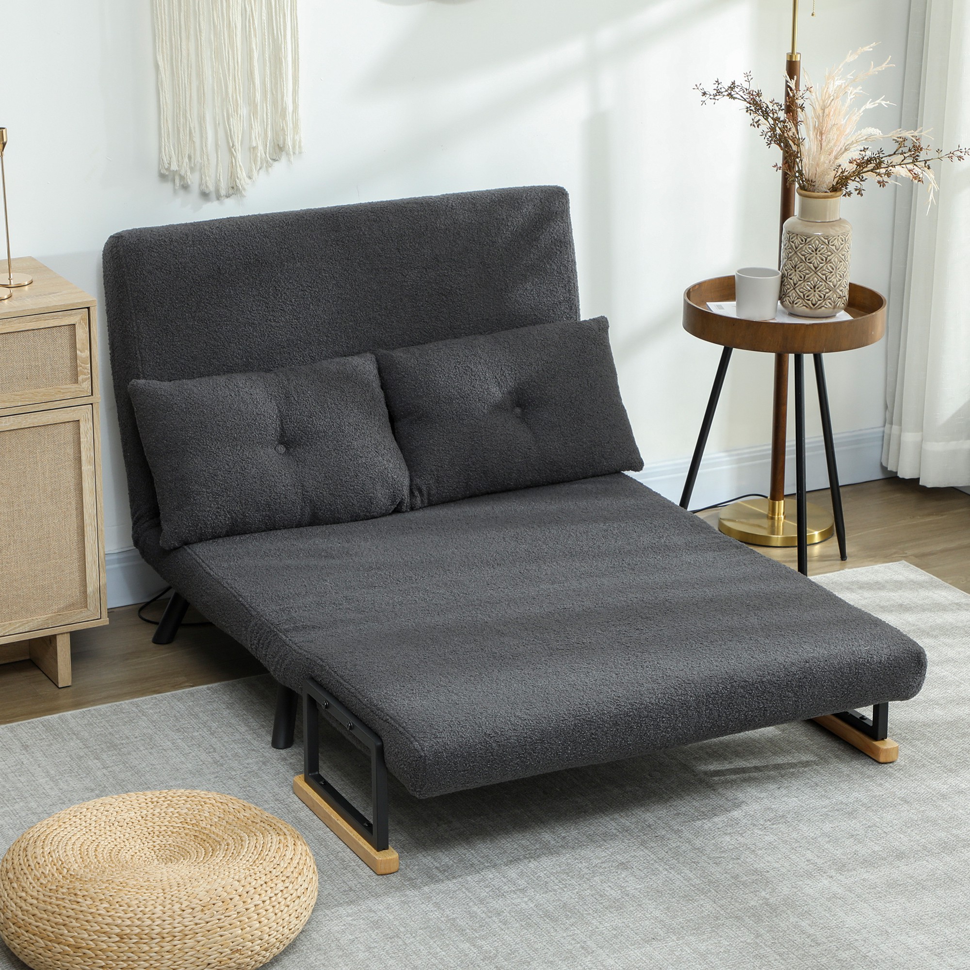 Schlafsofa 2er-Sofa mit Schlaffunktion, inkl. 2 Kissen, Sherpa-Optik, Natur + Dunkelgrau + Schwarz