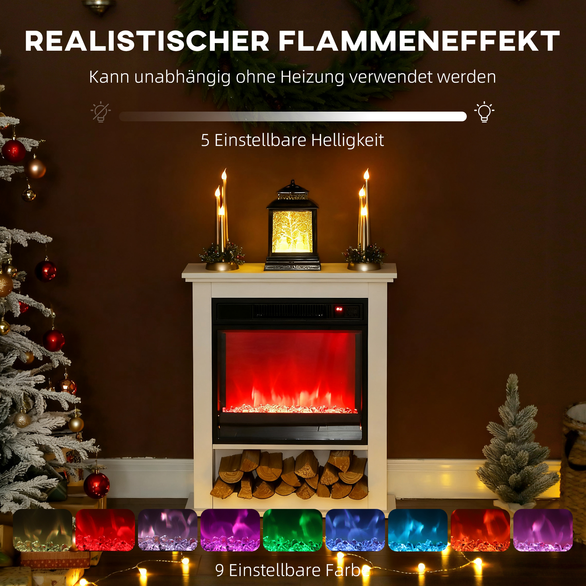 Elektrischer Kamin, realistische Flammen mit 9 Farben, verstellbare Helligkeit, 1800W, Fernbedienung, Timer, Weiß