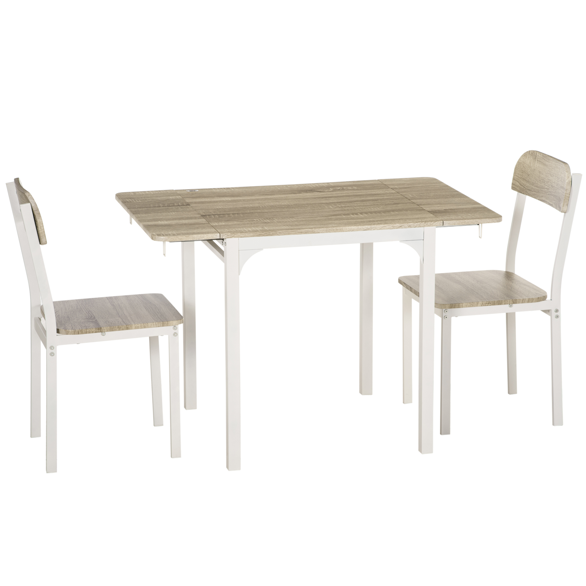 2-teilige Sitzgruppe, Klappbarer Esstisch mit 2 Stühlen, Klapptisch, 110 cm x 70 cm x 75 cm, Weiß + Natur