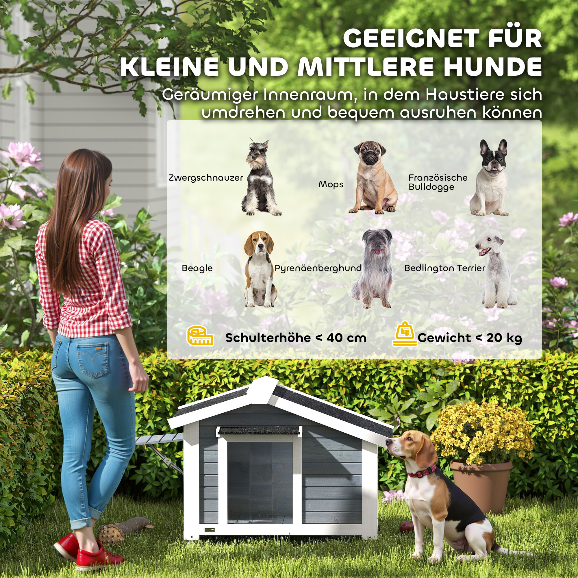 Hundehütte wetterfestes Hundehaus aus Holz mit herausnehmbarem Boden Asphaltdach öffnendem Fenster 98x76x69,5 cm Grau