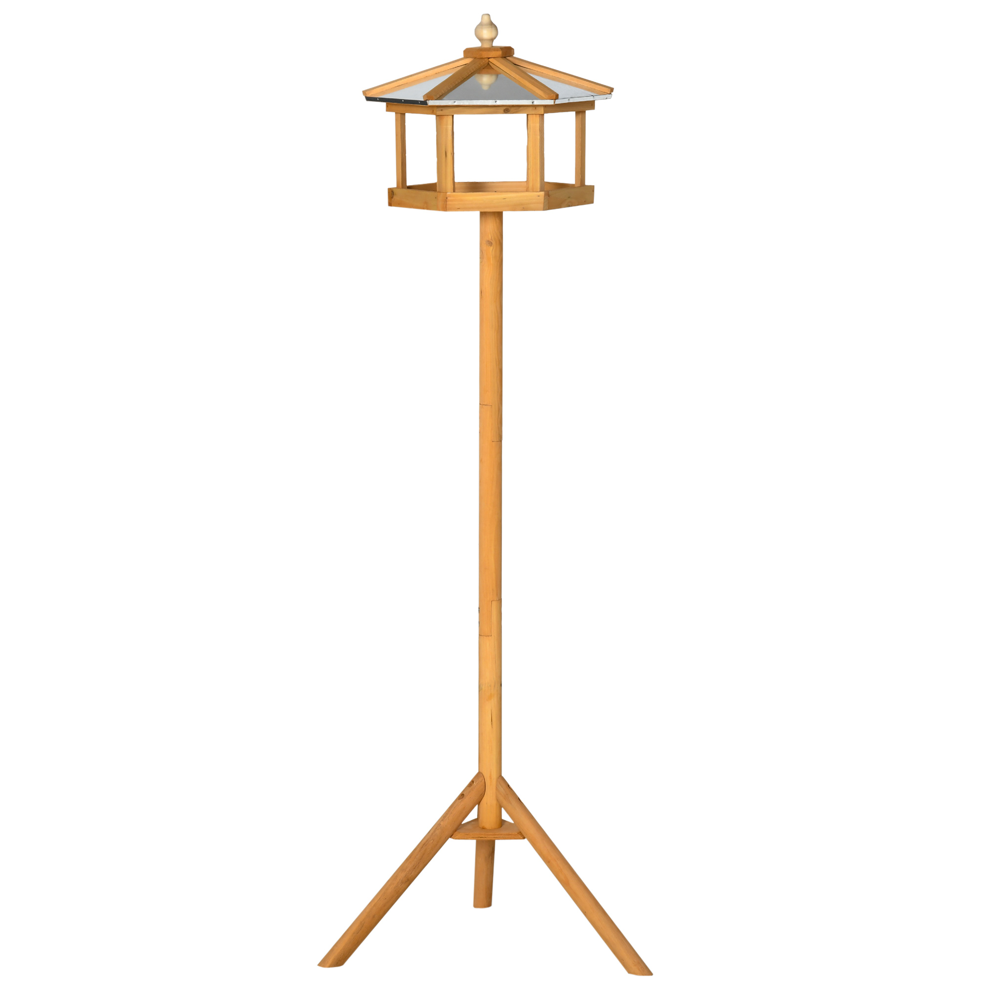 Vogelhaus mit Ständer Holz Vogelfutterhaus mit Plattform geneigtes Metalldach Ø57,7 x 153H cm Naturholz
