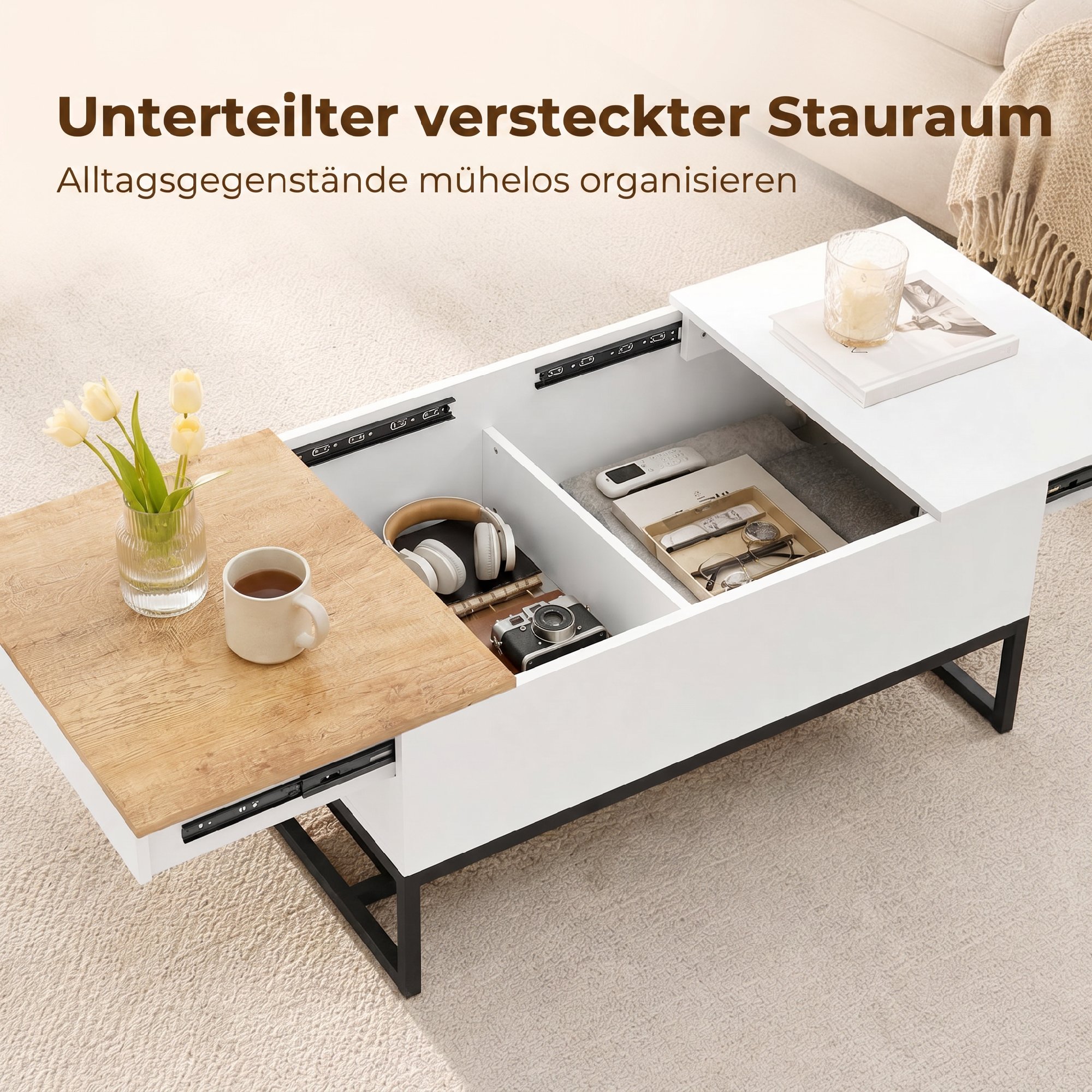 ausziehbarer Couchtisch, moderner Wohnzimmertisch mit verschiebbarer Platte, verstecktem Stauraum und Stahlbeinen, Weiß
