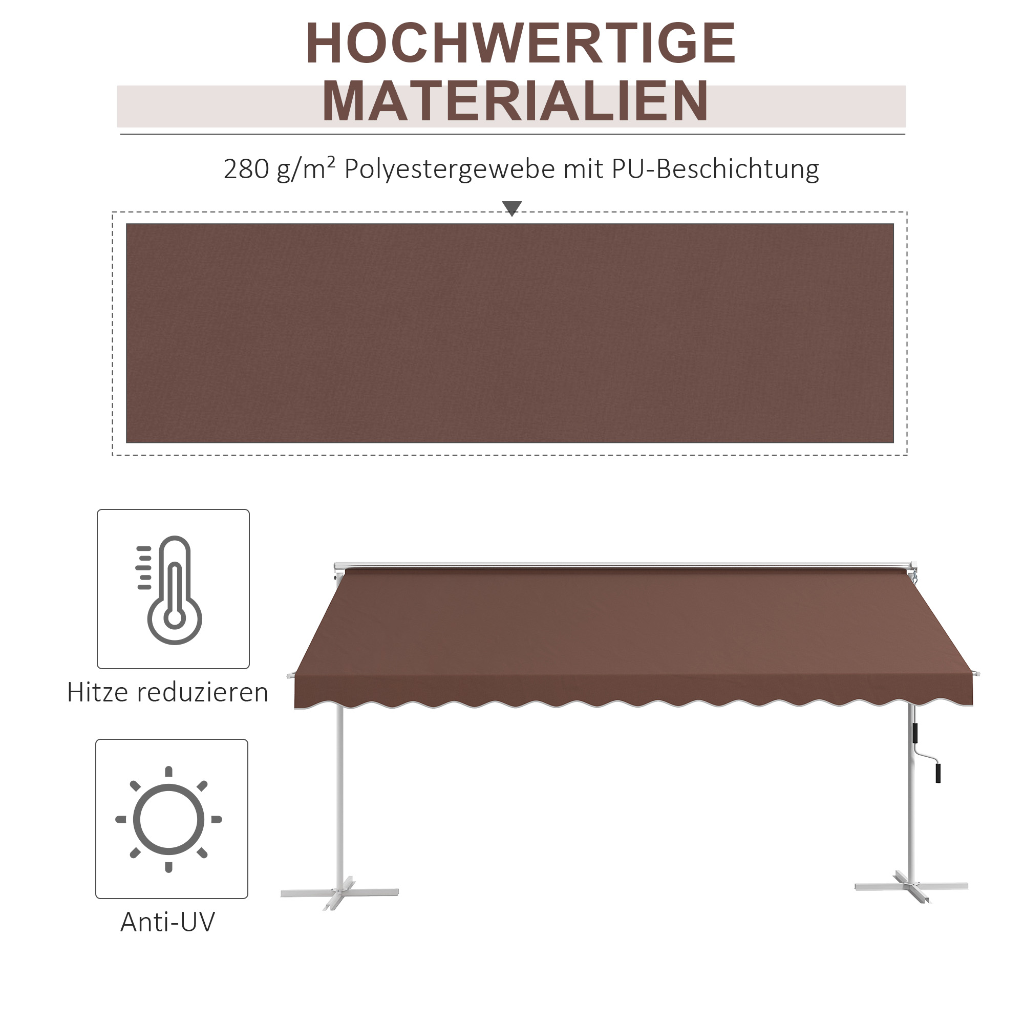 Freistehende Markise 4,5x3,4m, neigungsverstellbar, Kurbel, Metallgestell, Braun