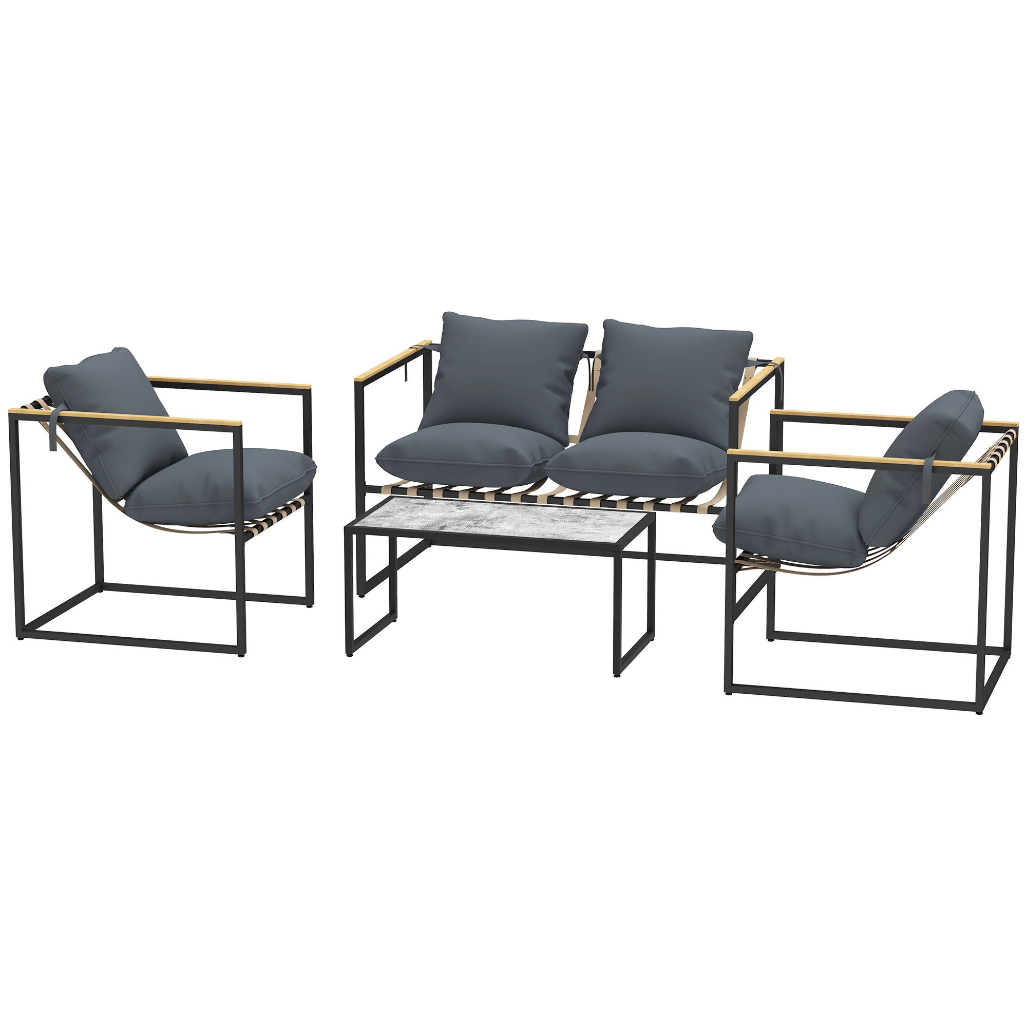 4-teiliges Gartenmöbelset, Outdoor-Möbel-Set, 2 Sessel, 2er Sofa, 1 Tisch, gepolstert, Stahl, Polyester, Grau 4-teiliges Gartenmöbelset, Outdoor-Möbel-Set, 2 Sessel, 2er Sofa, 1 Tisch, gepolstert, Stahl, Polyester, Grau