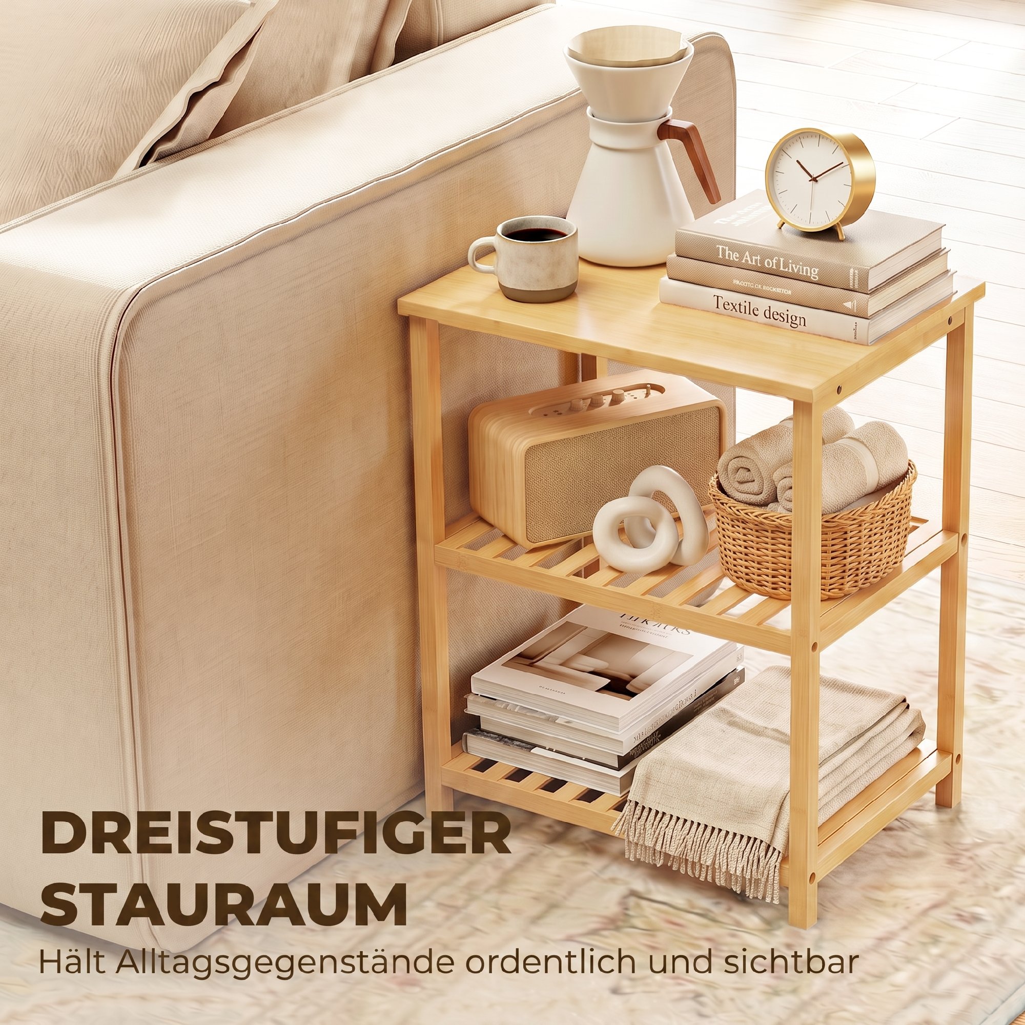 Beistelltisch aus Bambus, 3 Ebenen mit Lamellenböden, für kleine Räume, Wohnzimmer & Schlafzimmer, Natur