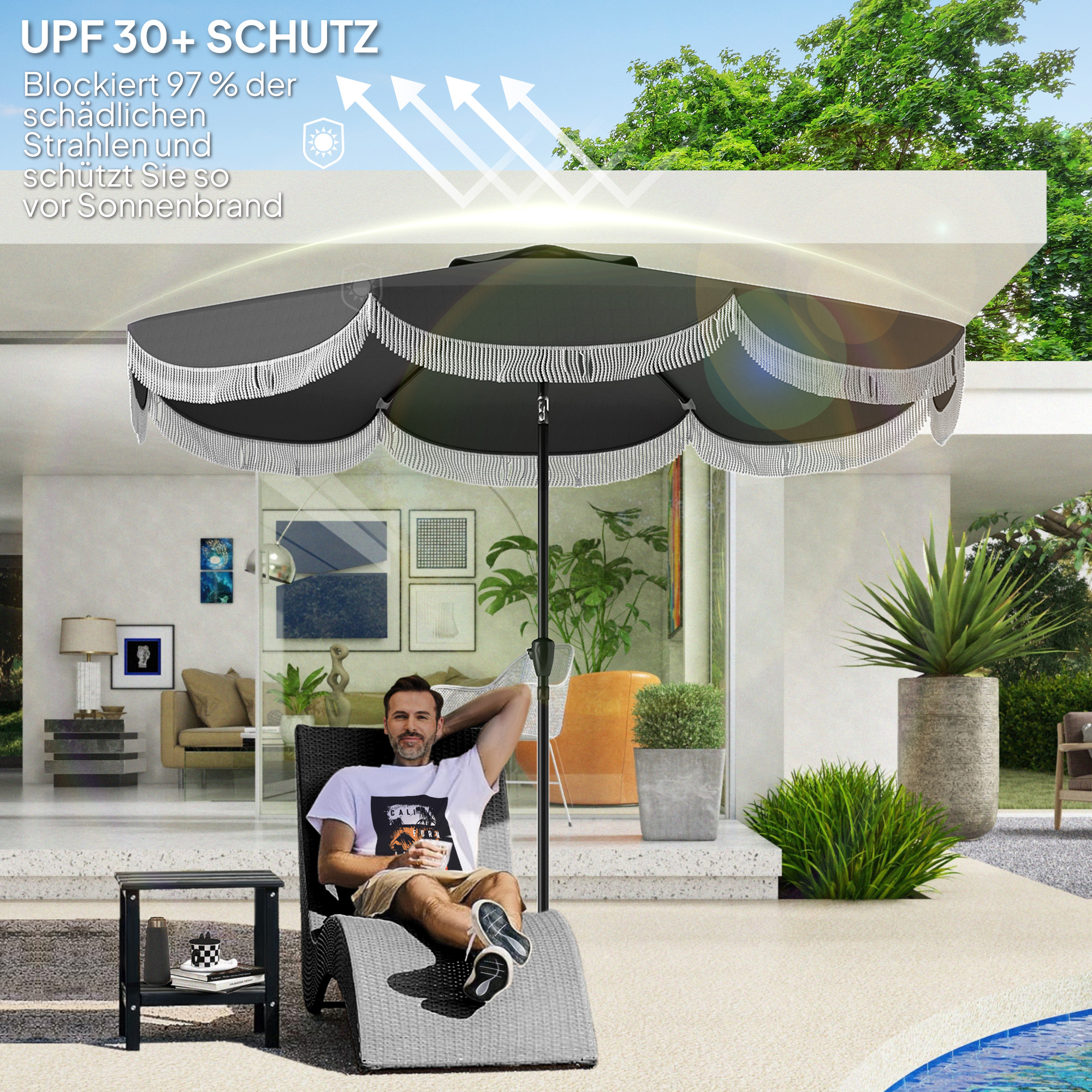 Sonnenschirm Ø269 cm, UV Schutz Sonnenschirm achteckig Balkonschirm Sonnenschutz für Garten, Dunkelgrau