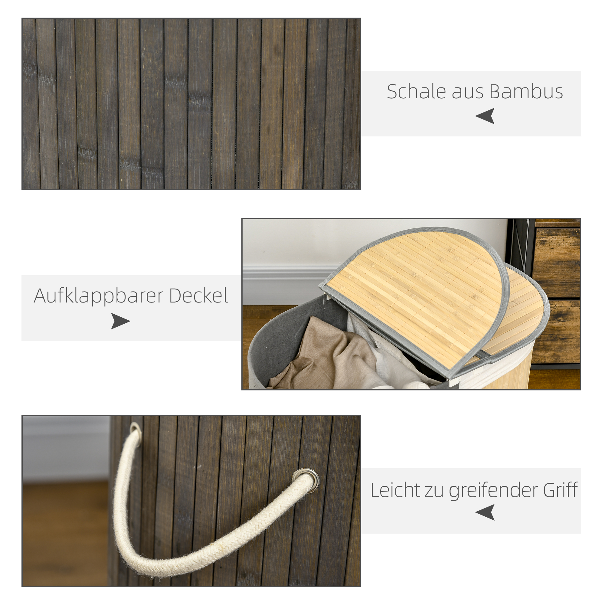 100 L Wäschekorb mit Deckel, Griff, 2 Abschnitte, herausnehmbarer Wäschesack, für Schlafzimmer, Bambus Grau+Natur