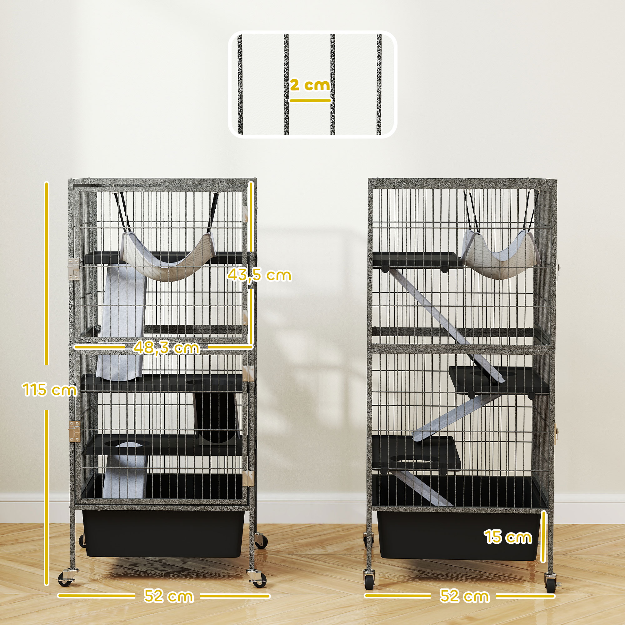 Kleintierkäfig 4-stöckiger Nagerkäfig mit ausziehbarem Tablett Rampen Hängematte Rollen Plattformen 52x52x115 cm Grau