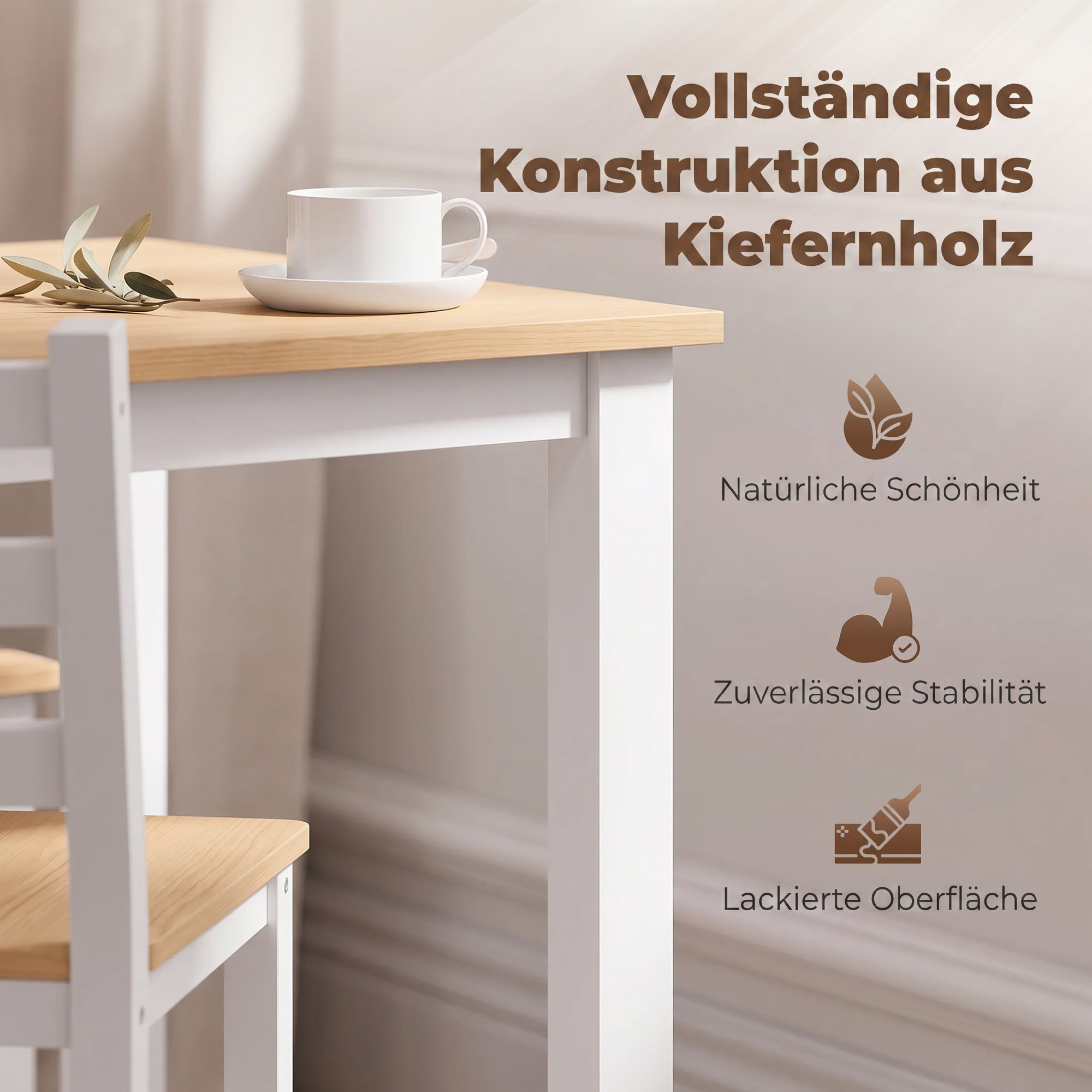 5-teiliges Essgruppe für 4 Personen, Landhaus-Esstisch und Stühle aus Massivholz, Natur/Weiß