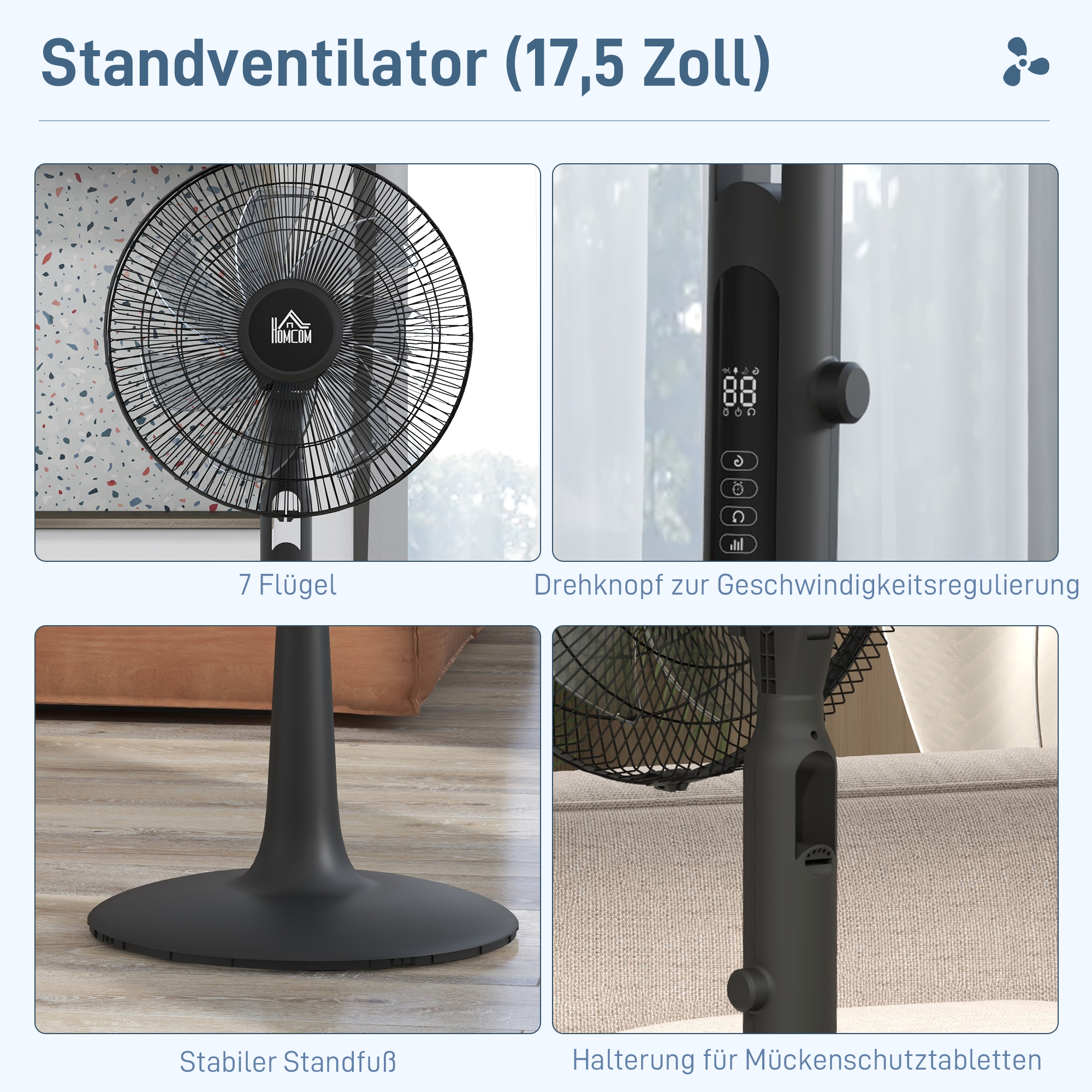 Standventilator leise mit Fernbedienung, 3 Modi, 28 Geschwindigkeiten, Mückenschutz & Oszillation, Schwarz