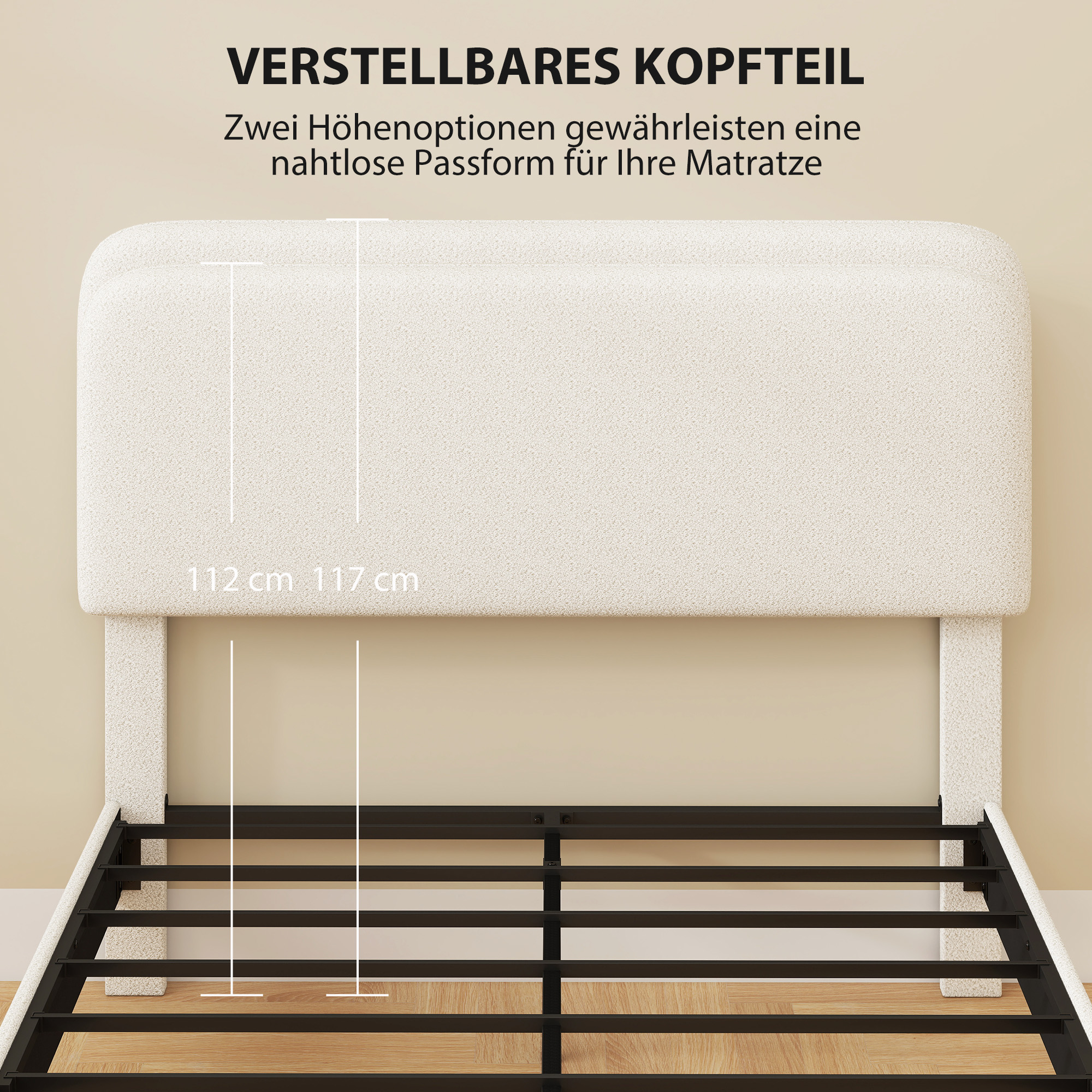 Einzelbettgestell mit Teddy-Fleece-gepolstertem Kopfteil, Metallbettgestell, einfache Montage, Weiß