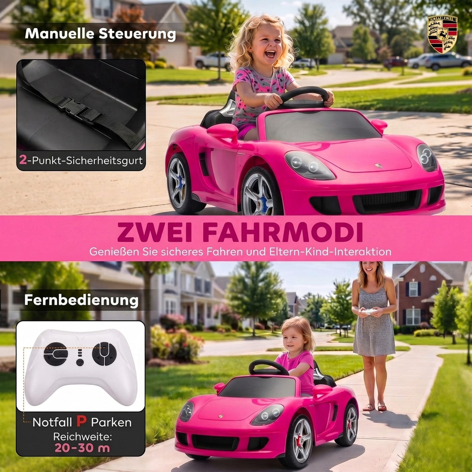 Kinder Elektroauto Porsche 12V Kinderauto mit Lithium-Akku Fernbedienung 2 Motoren Sanftanlauf Hinterradfederung