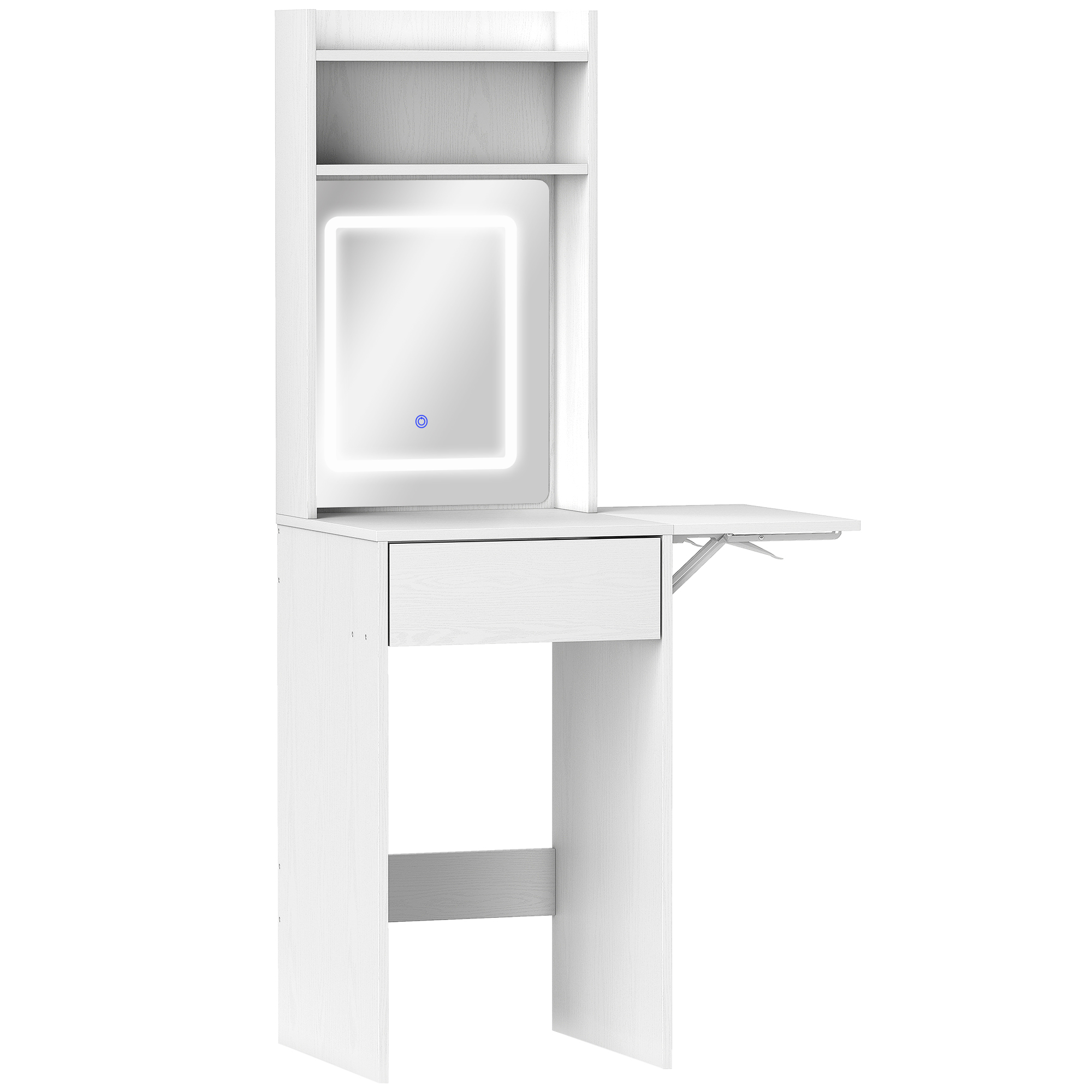 Kompakter Schminktisch mit Spiegel und LED-Beleuchtung, klappbare Tischplatte, offenere Regale, Schublade, MDF, Weiß Kompakter Schminktisch mit Spiegel und LED-Beleuchtung, klappbare Tischplatte, offenere Regale, Schublade, MDF, Weiß