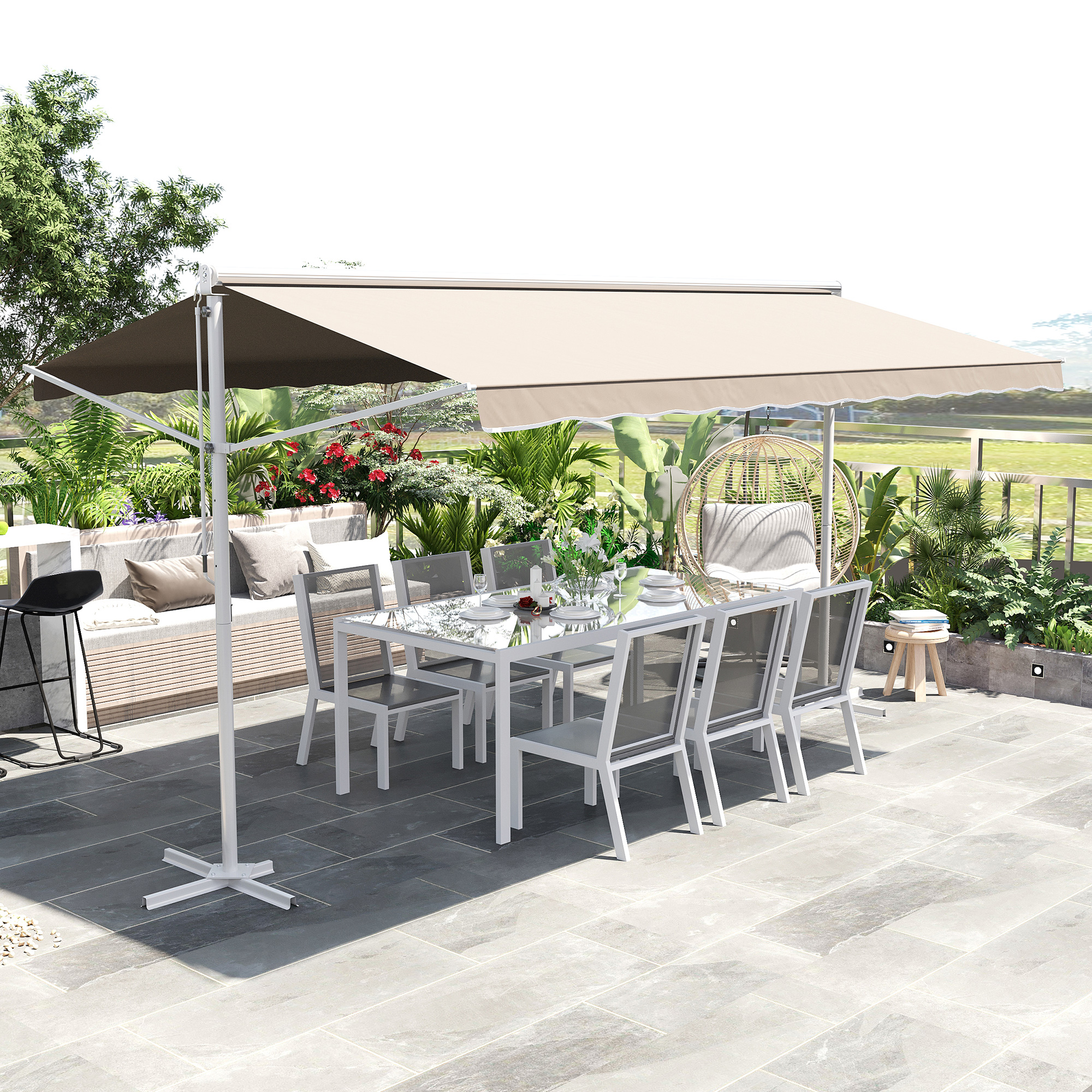 Standmarkise Markise 4,5 x 3,4m Terrassenüberdachung Gartenmarkise mit Faltarm Kurbel Terrasse Creme Alu Metall