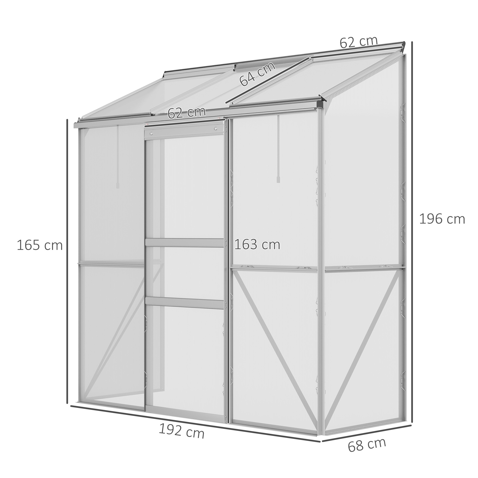 Anlehngewächshaus, Schiebetür, Dachfenster, Polycarbonat+Aluminium, Farbe: Silber, 192 x 68 x 196 cm