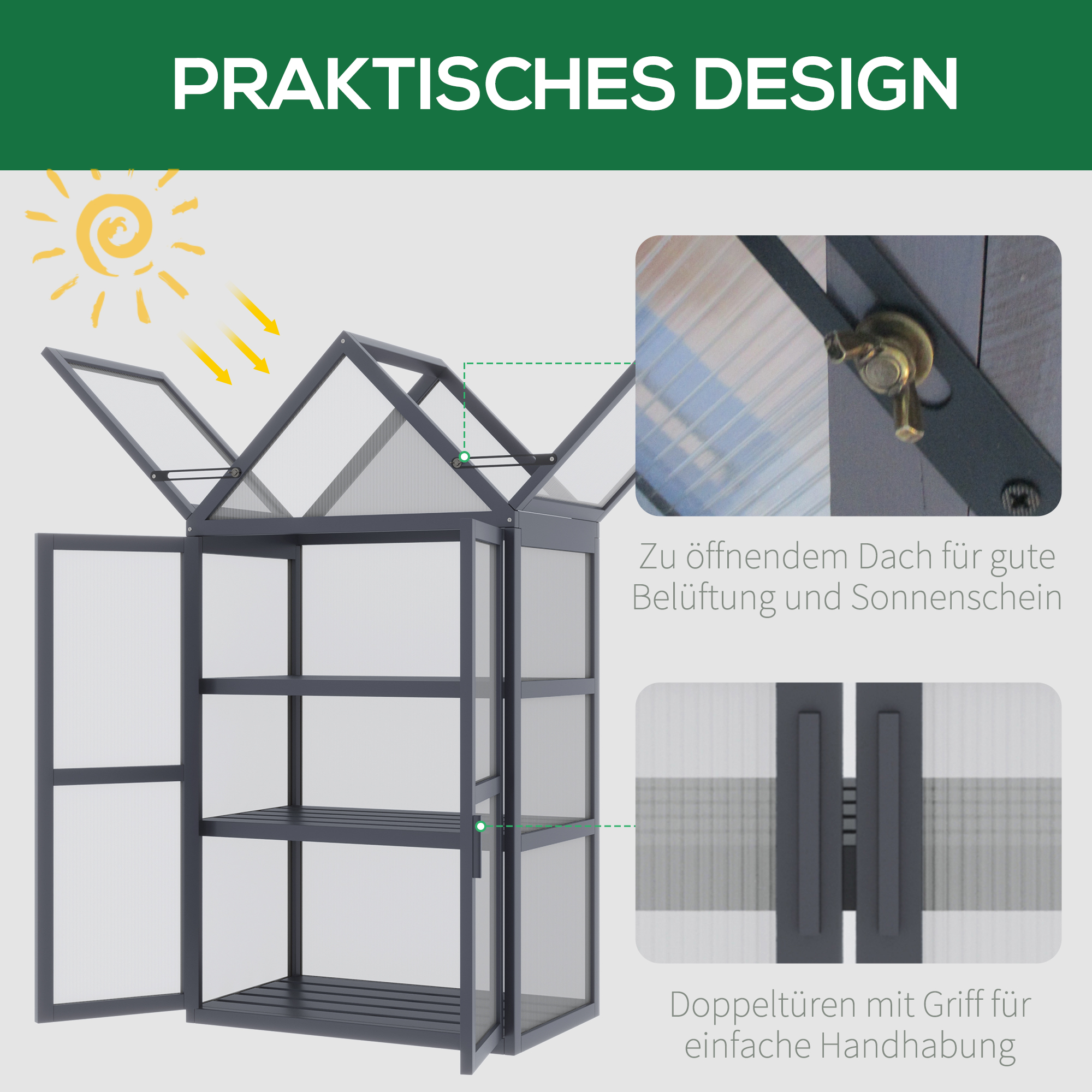 Frühbeet Mini Gewächshaus 3 Ebenen Treibhaus Pflanzenbeet mit aufklappbarem Dach Doppeltüren aus Holz Polycarbonat wetterfest Natur 70,5 x 42 x 132 cm