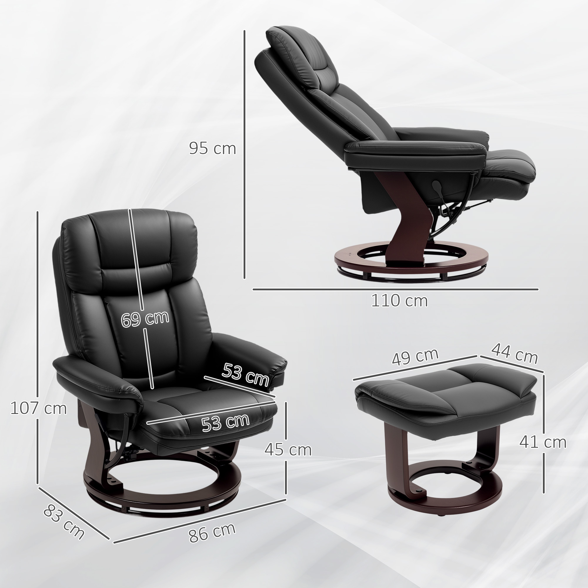 Relaxsessel mit Fußhocker, Verstellbarer Sessel, Kunstleder-Bezug, Polstersessel mit klappbarer Rückenlehne, Schwarz