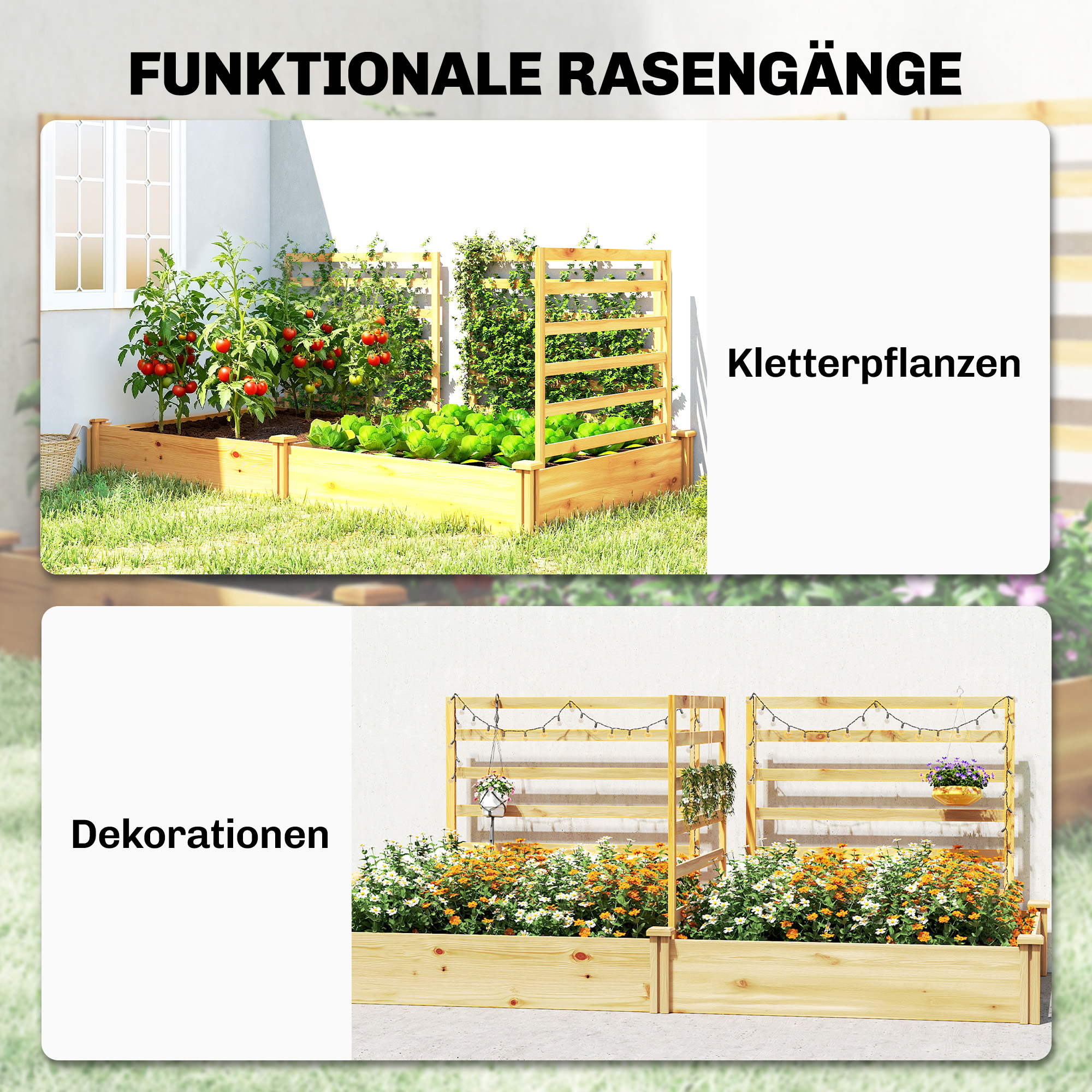 Hochbeet mit Rankgitter Holz Blumenkasten mit 3 Spalier Trennwand Offenem Boden 240 x 125 x 102 cm Naturholz