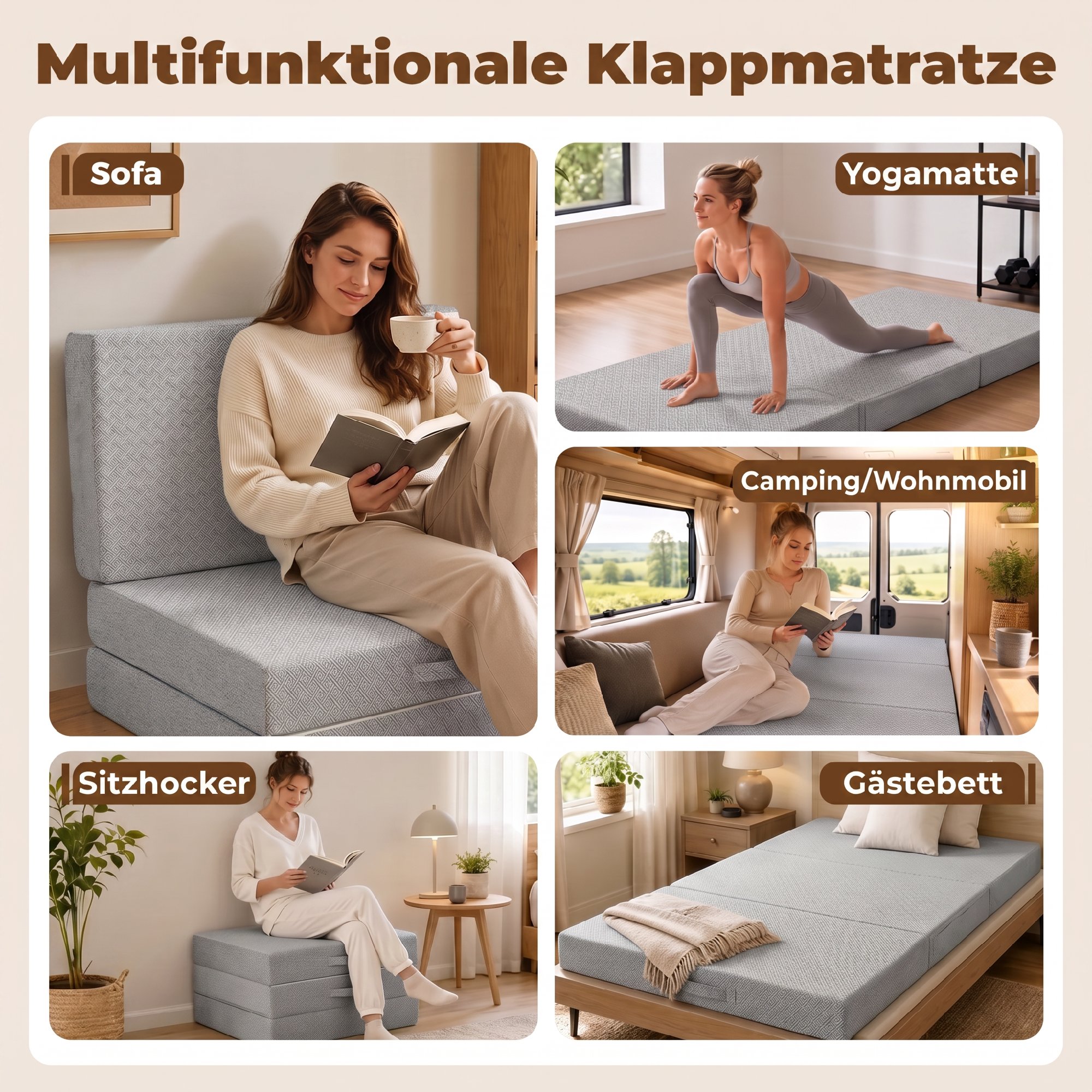Klappmatratze 200 x 90 cm, 15 cm faltbare Matratze, tragbare Bodenmatratze mit waschbarem Bezug, Oeko-Tex geprüft